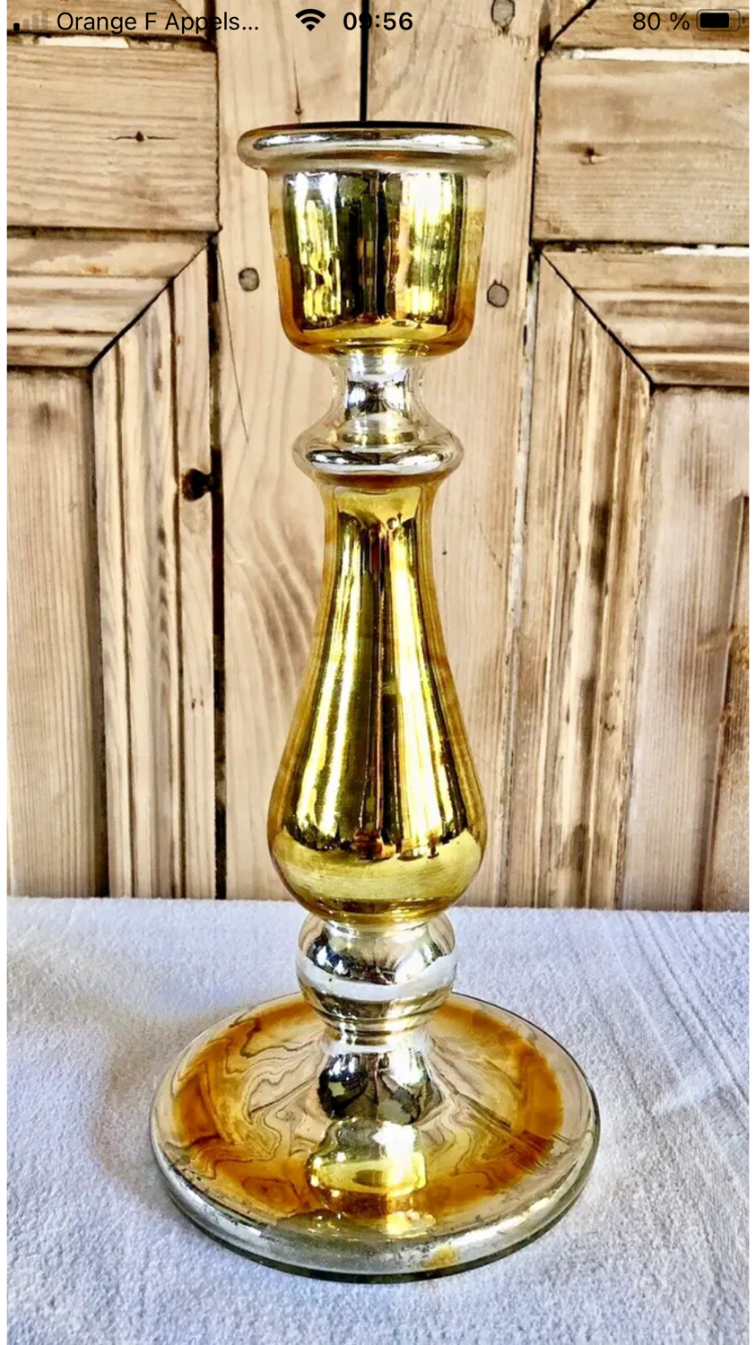 Old candle holder XIX gilded mercurized eglomised glass