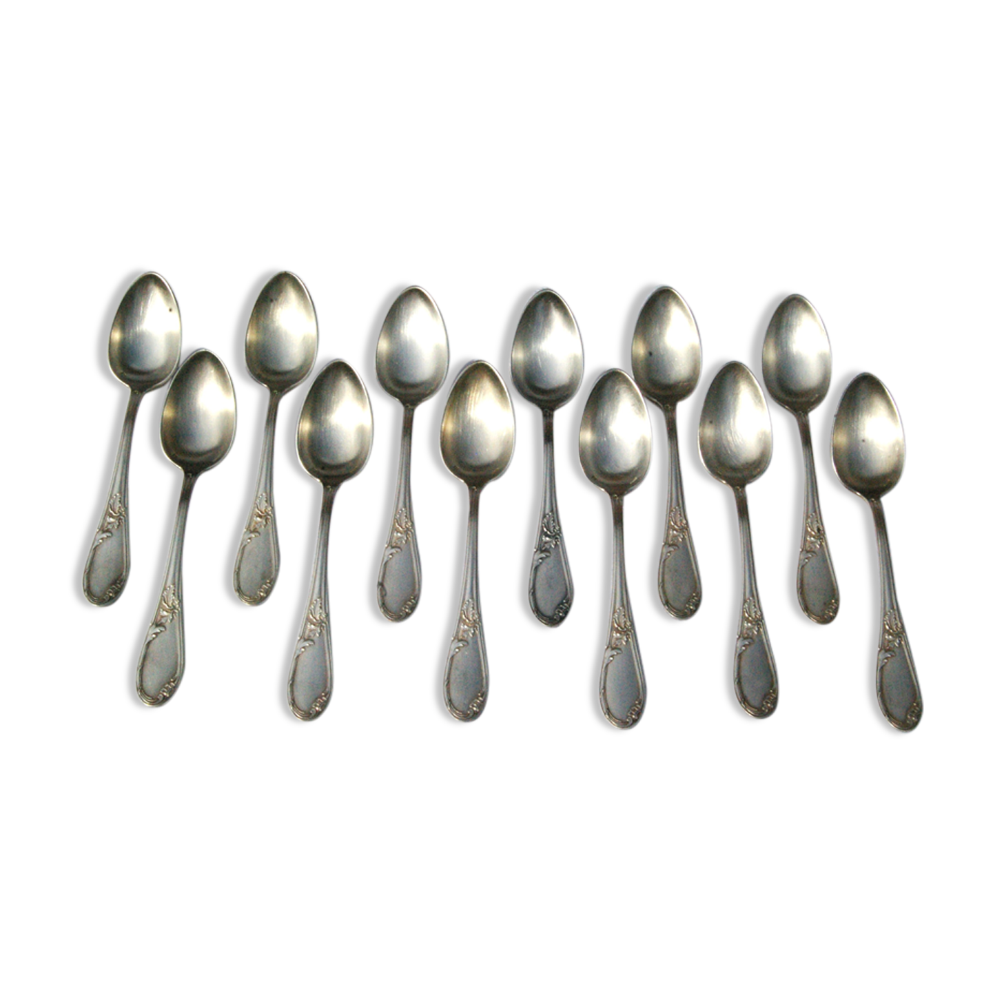 12 Apollo silver metal spoons in Transition Louis XV XVI style