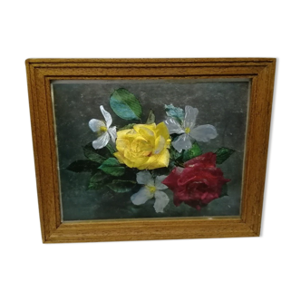 Frame glazed wood table bouquet metallic roses 24.6
