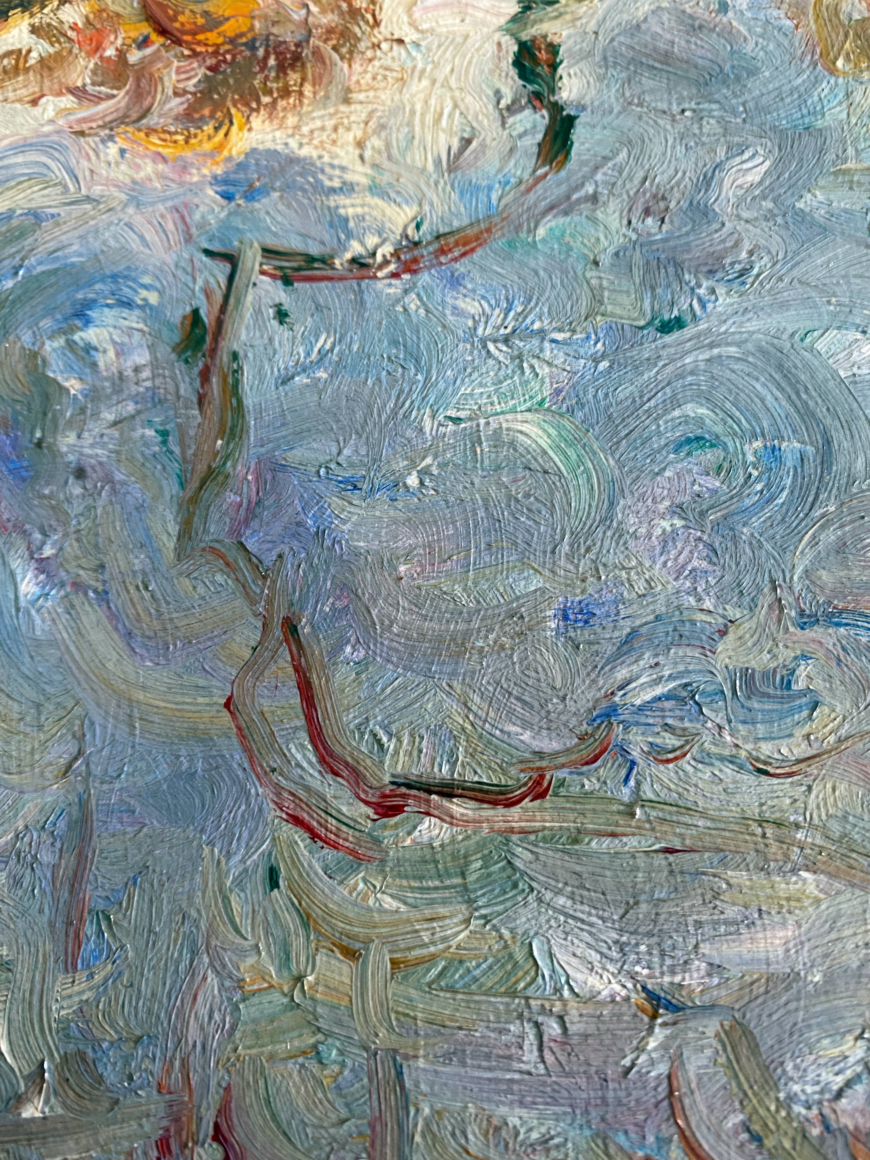 Painting by A. Bonabeau "Wooded riverside" HST, frame circa 1950