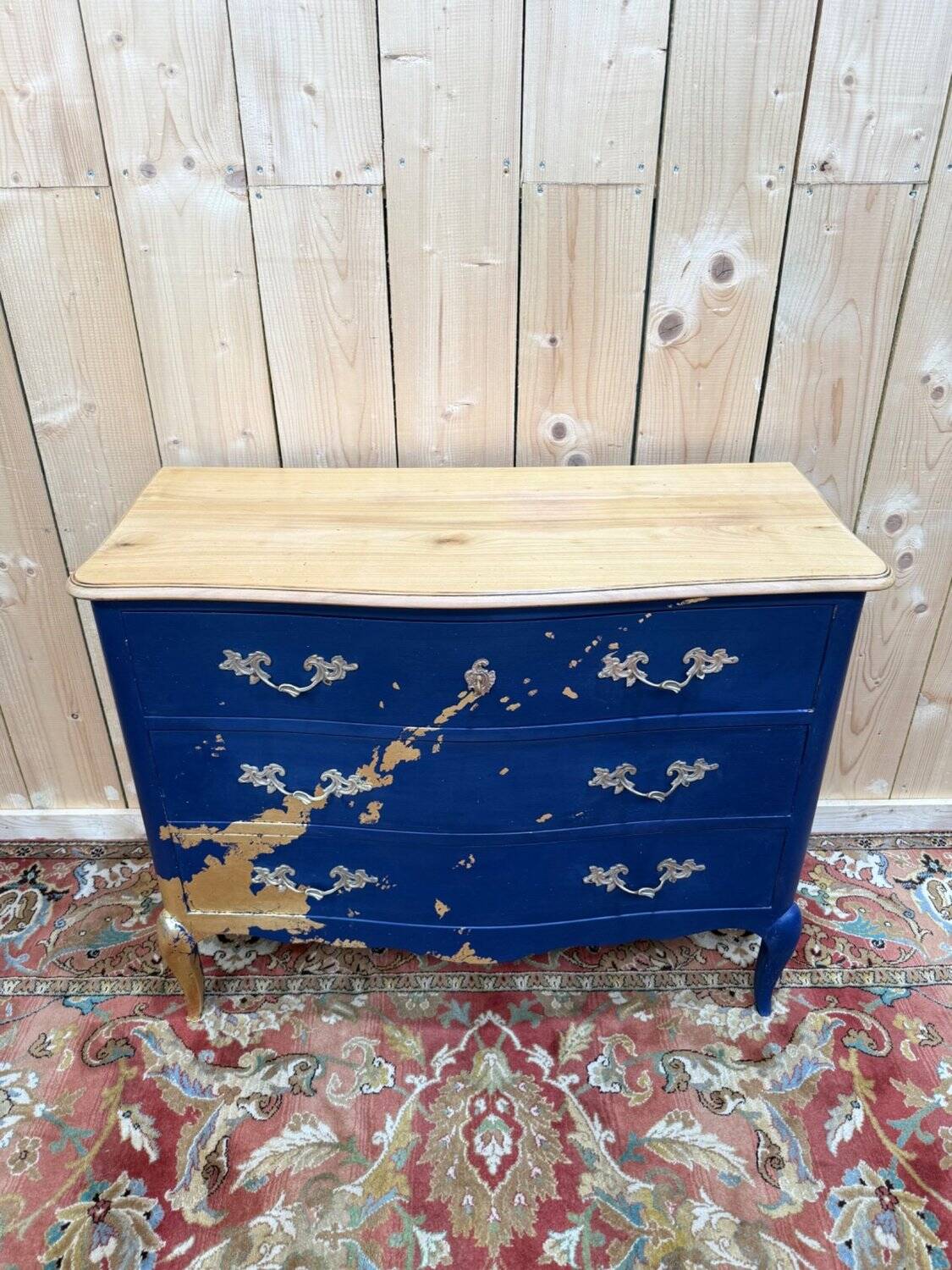 Louis XV Commode Style – Royal Blue Lacquer & Gold Leaf – Unique Model