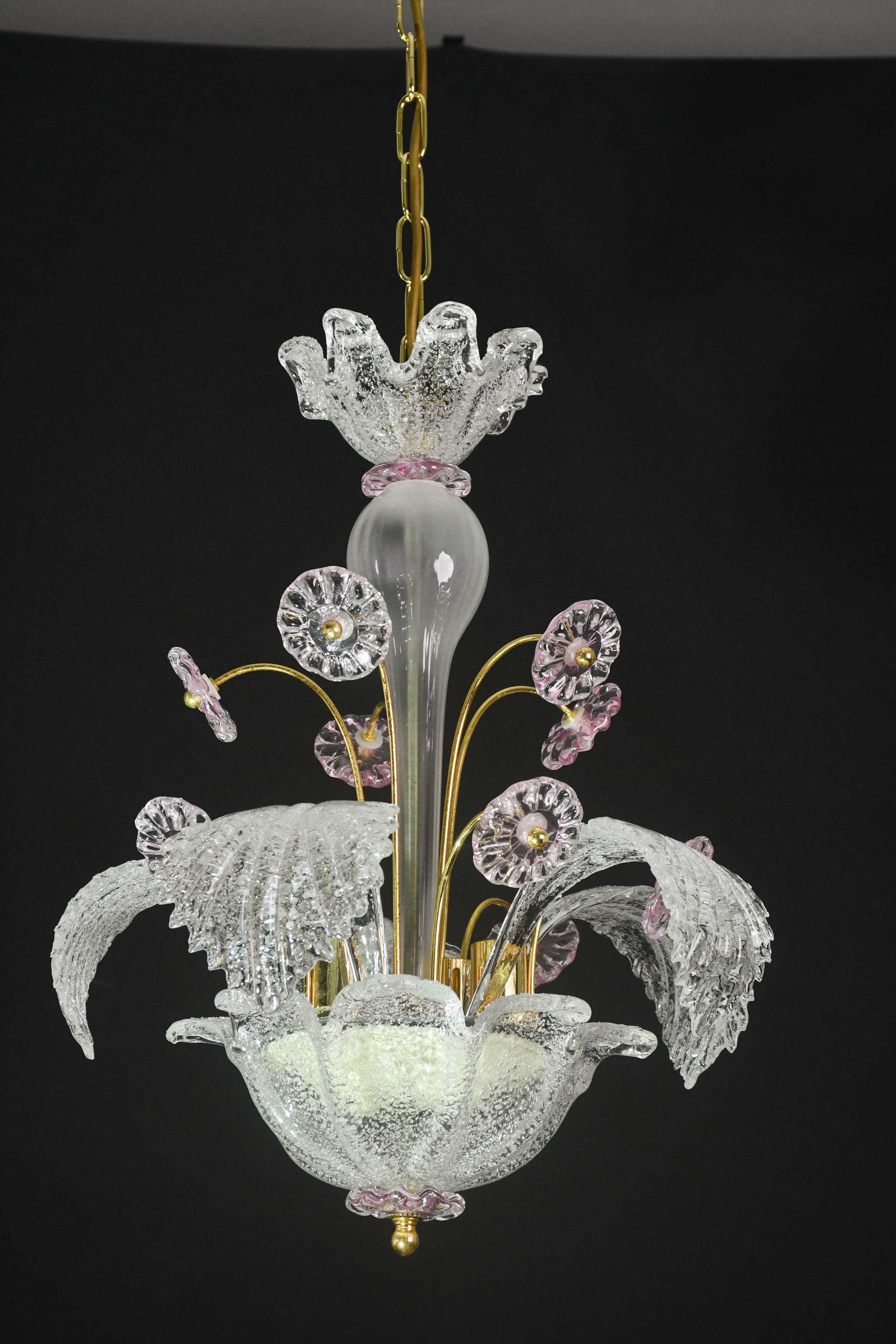 vintage Venetian chandelier, pink flower Murano glass, 1970s