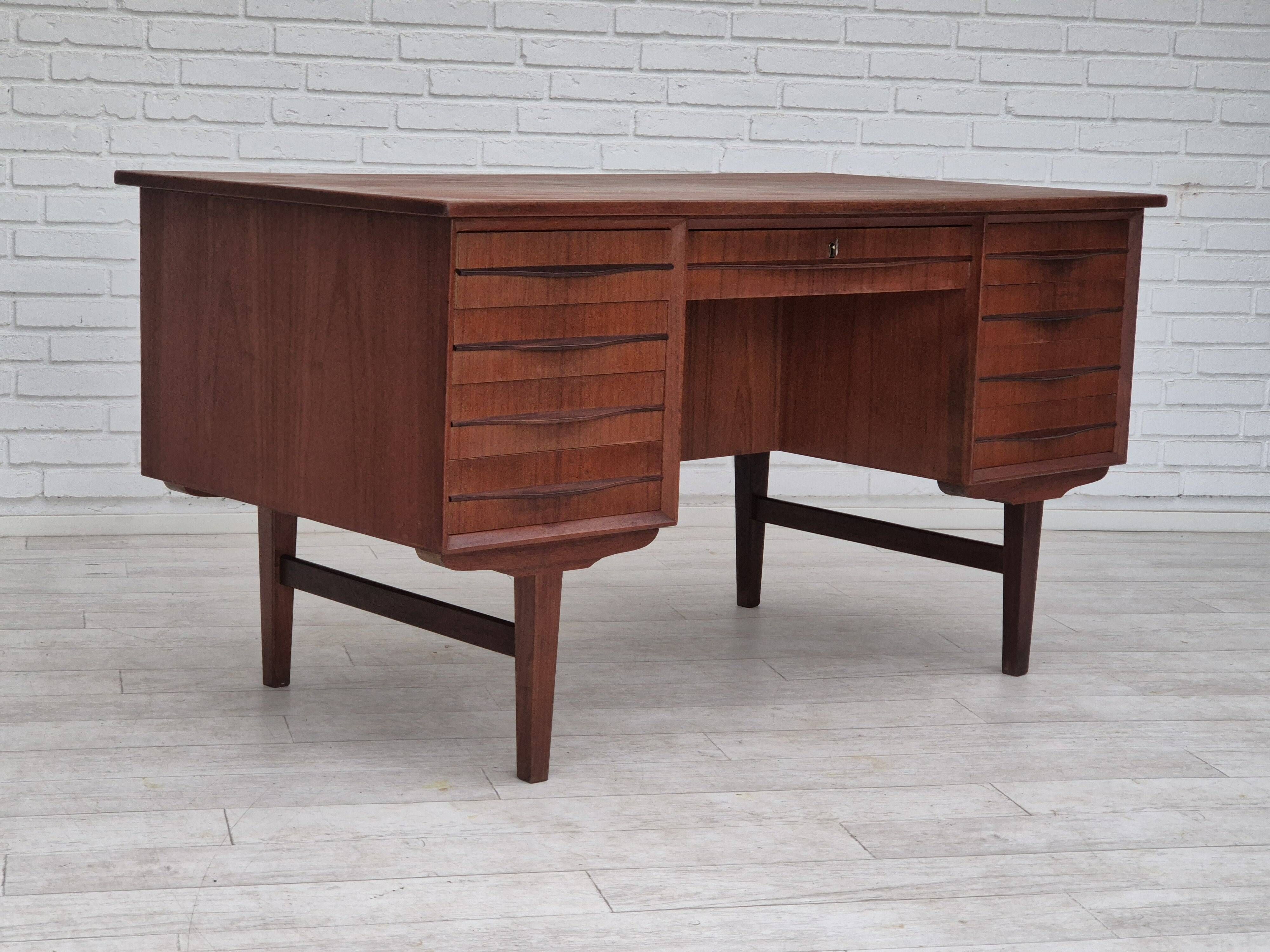 1960s, Danish double-sided, free standing desk, original condition, teak wood, drawers, sliding door