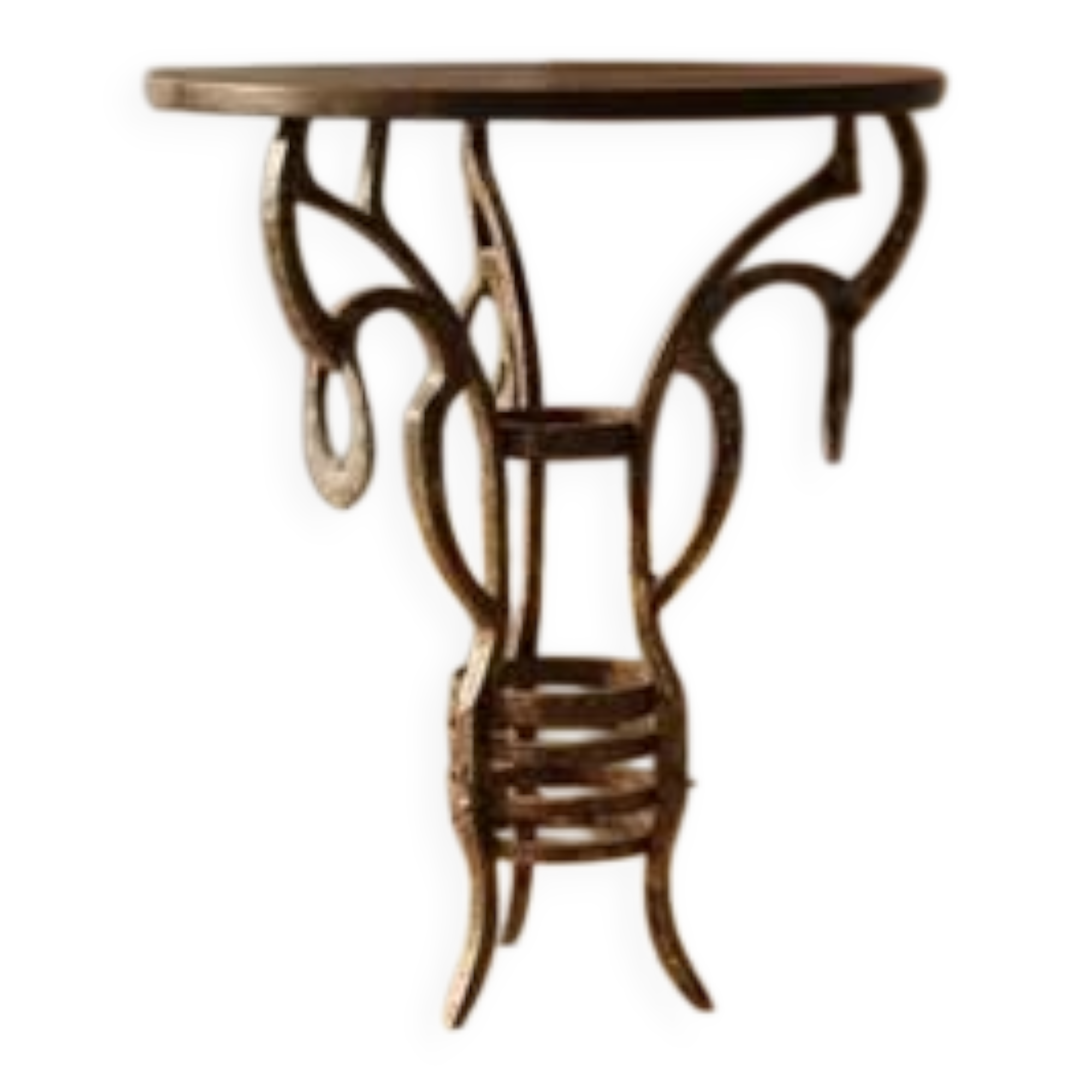 Handmade round side table with wrought iron base, circa 1980s, Czechoslovakia, 67 × 50 cm