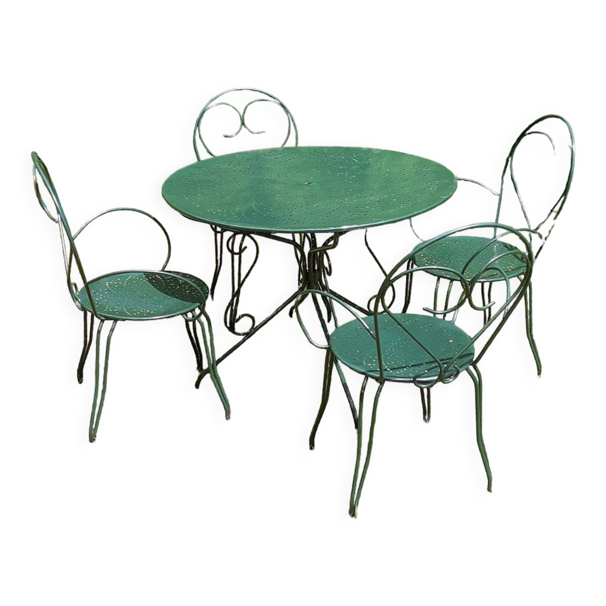 Garden furniture 1 table 4 armchairs wrought iron old green wagon