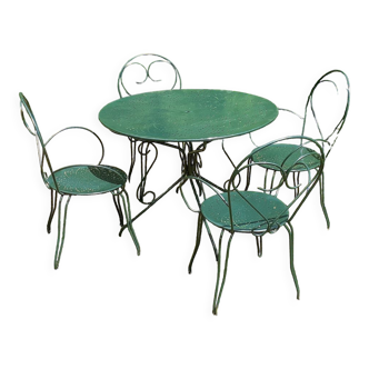 Salon de jardin 1 table 4 fauteuils fer forgé ancien vert wagon