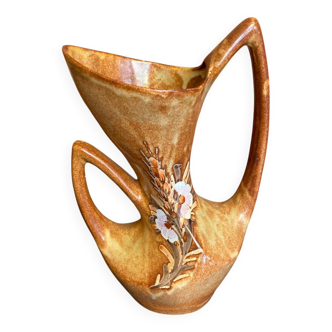 Antique Handled Vase VALLAURIS Beige Ceramic Vintage Flower Decor