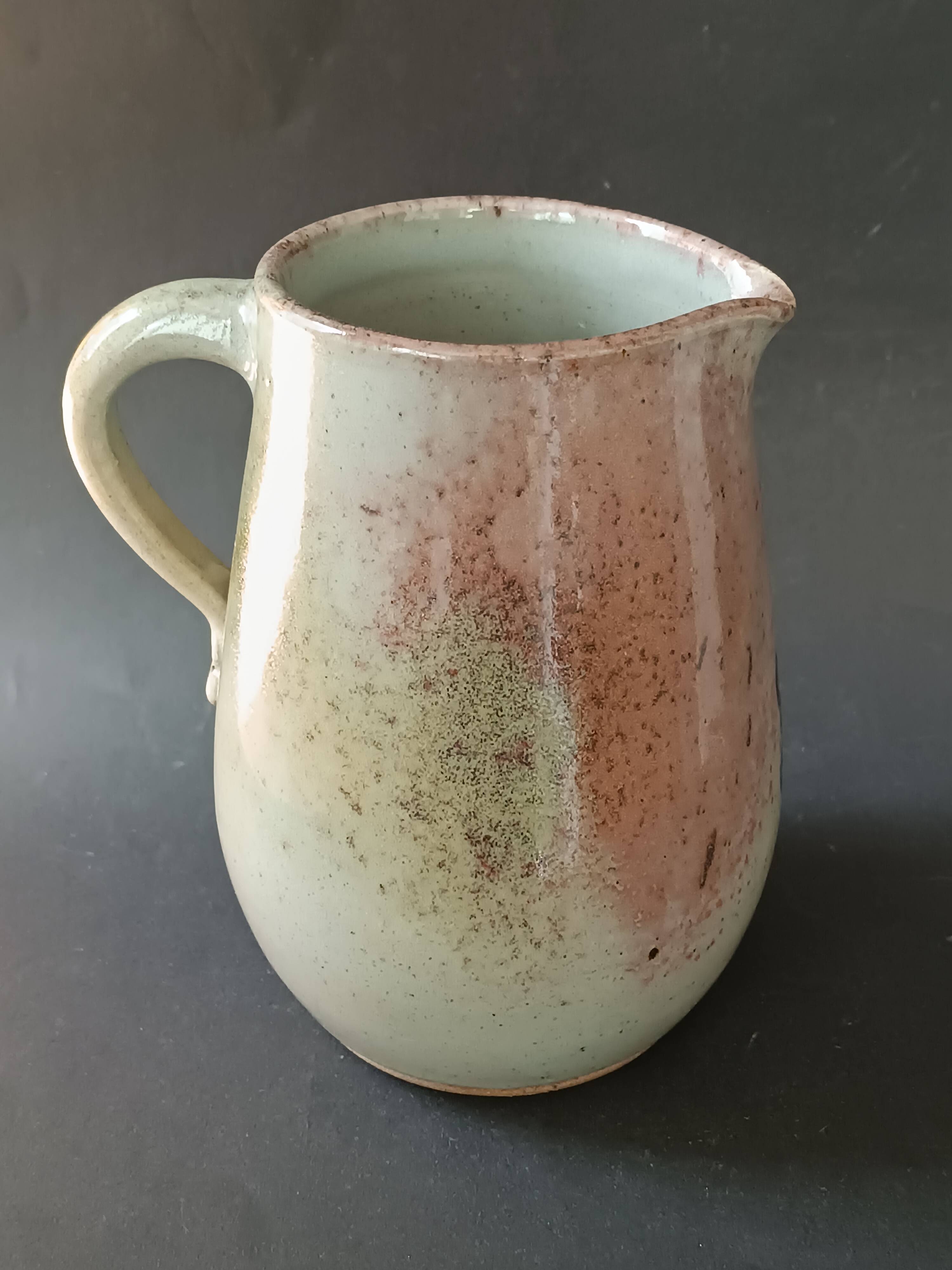 Stoneware pitcher from Alsace, incised decoration of vine by Louis Buecher 1986.