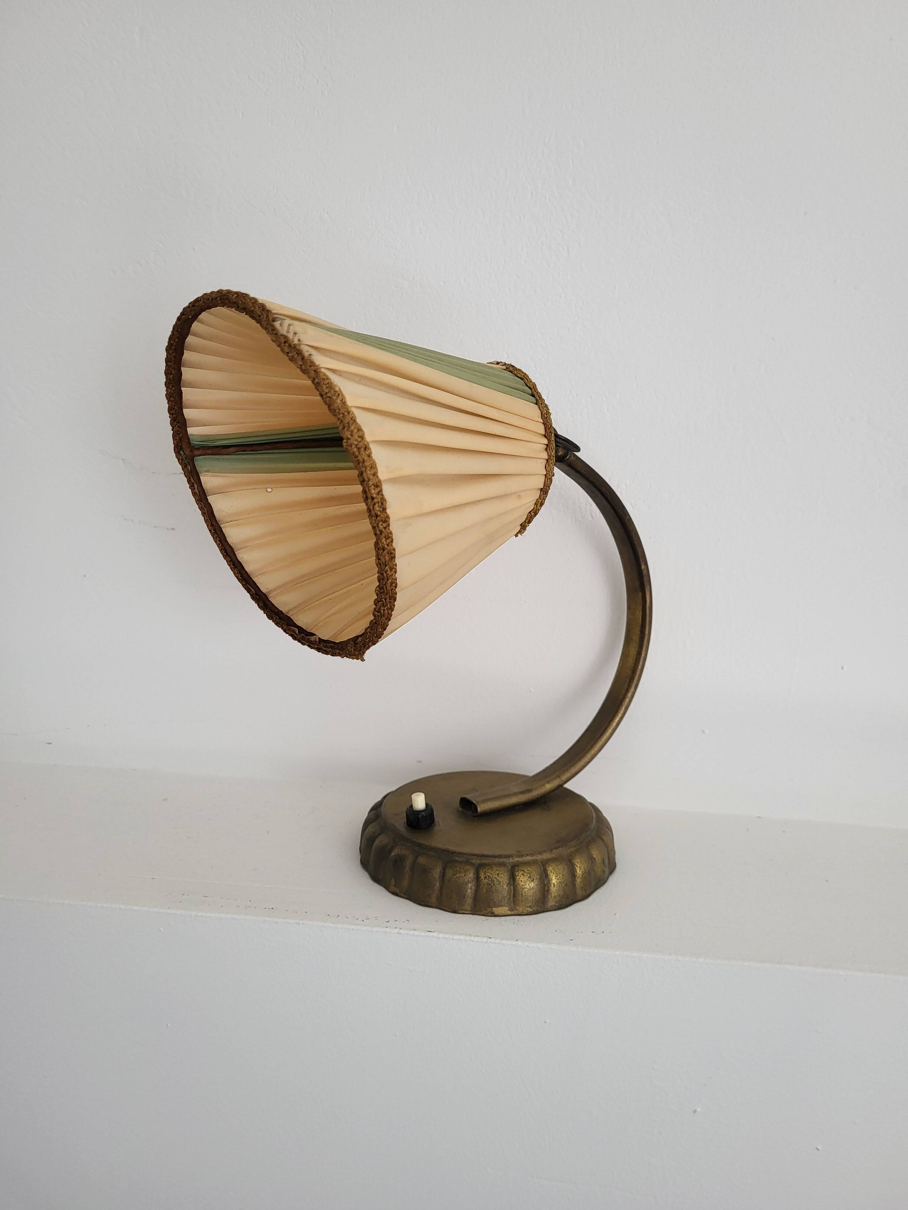 Vintage 1950s Brass Desk Lamp - Cream and Green Lampshade - Mid