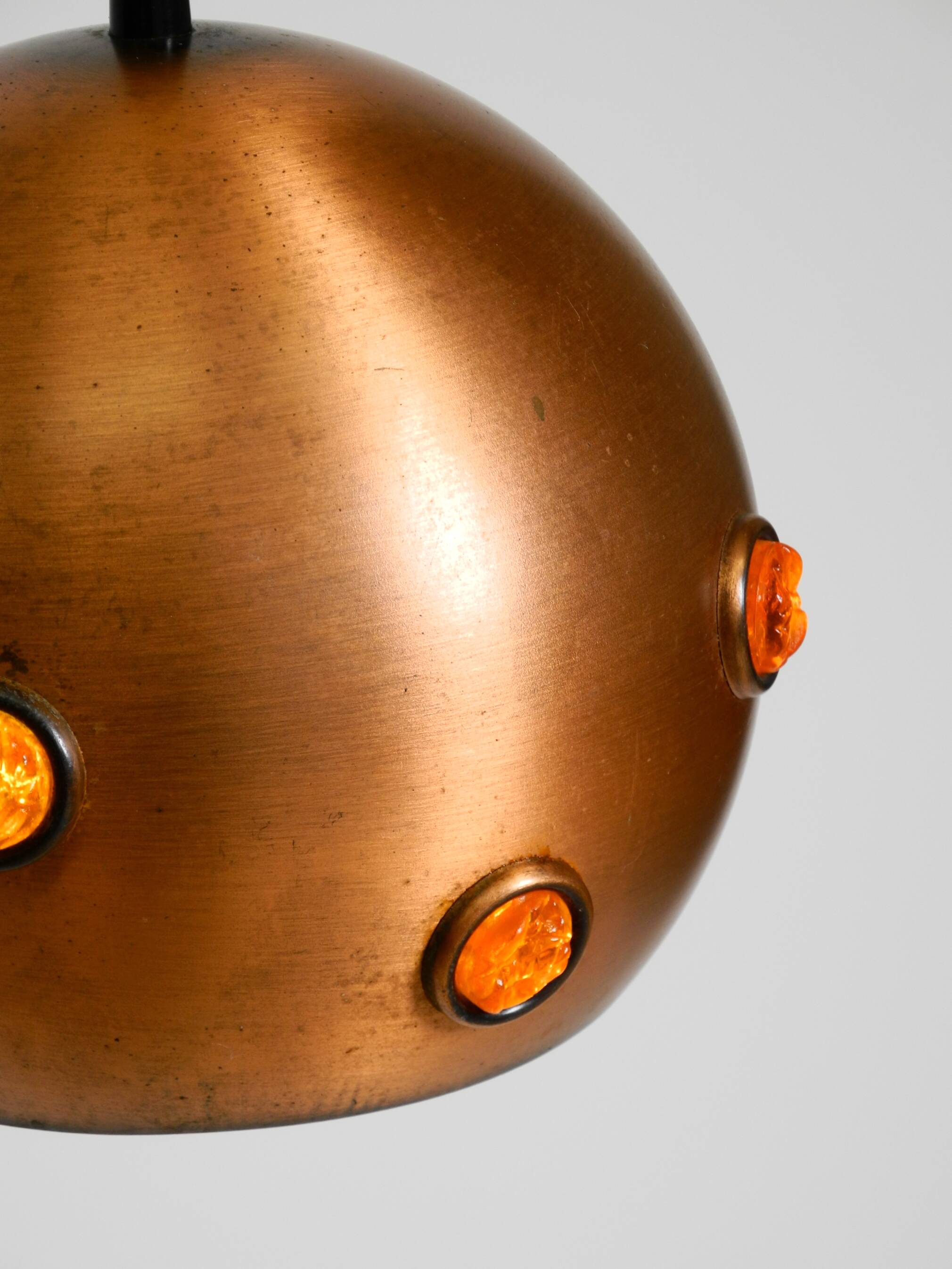 Original 1960s solid copper pendant lamp with orange synthetic glass stones