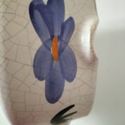 Large antique crackled ceramic fondue pot decorated with blue flowers