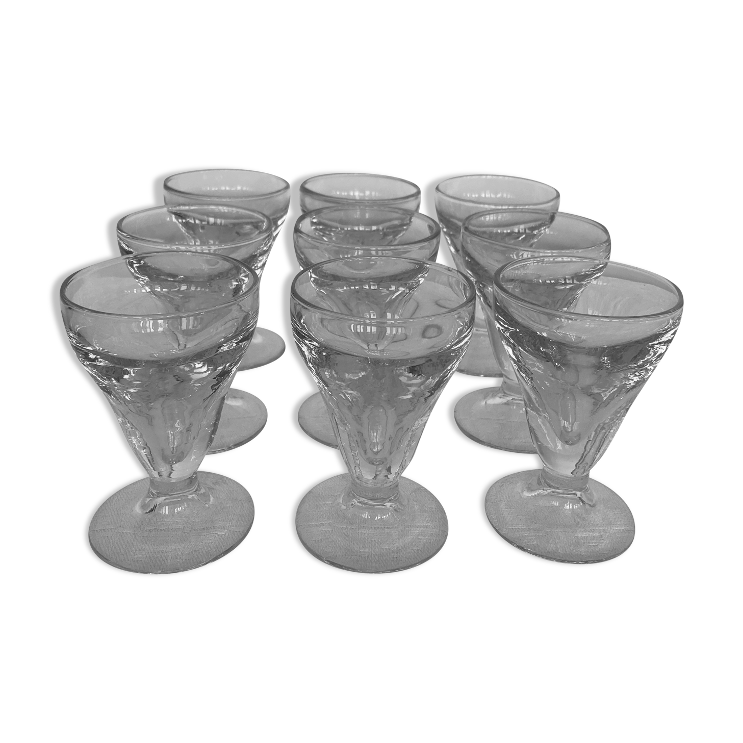 Set of 9 old glasses thick conical bottom