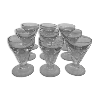 Set of 9 old glasses thick conical bottom