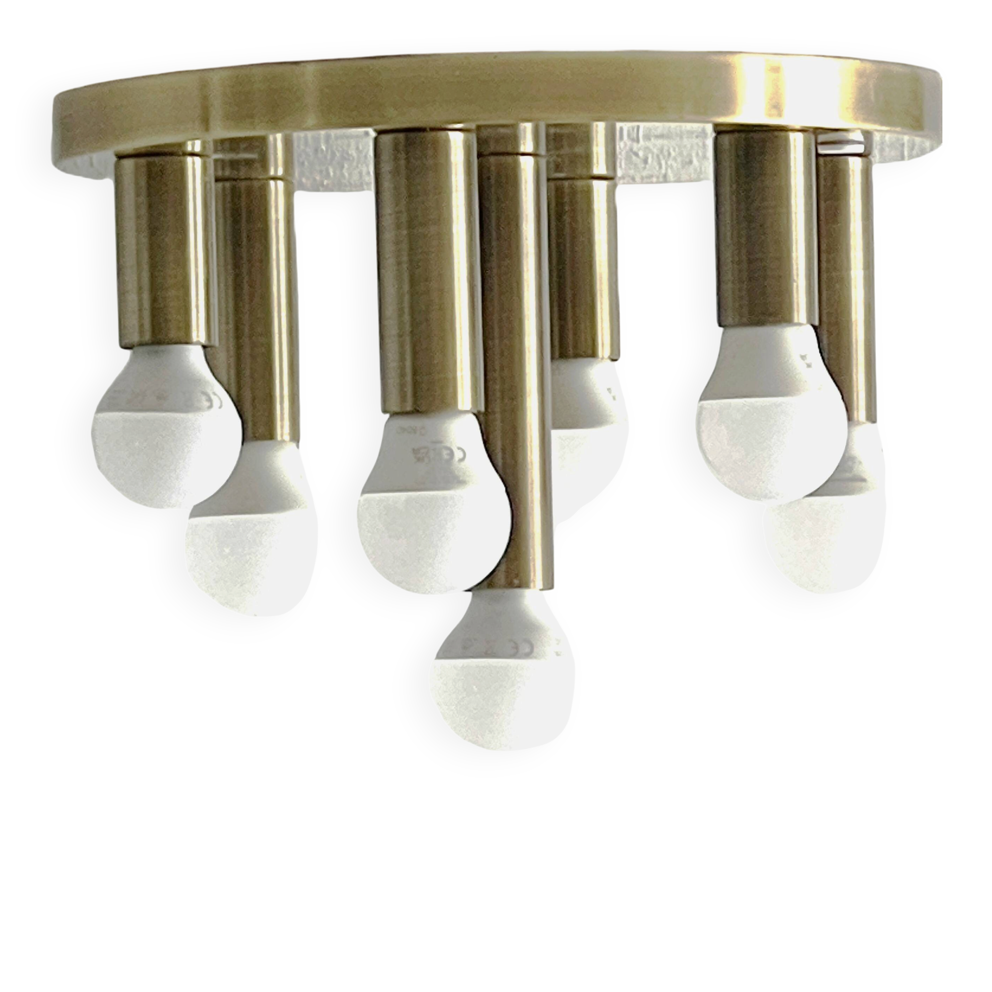 Mid-century ceiling light, brushed brass by Solken Leuchten, 7 lamps.