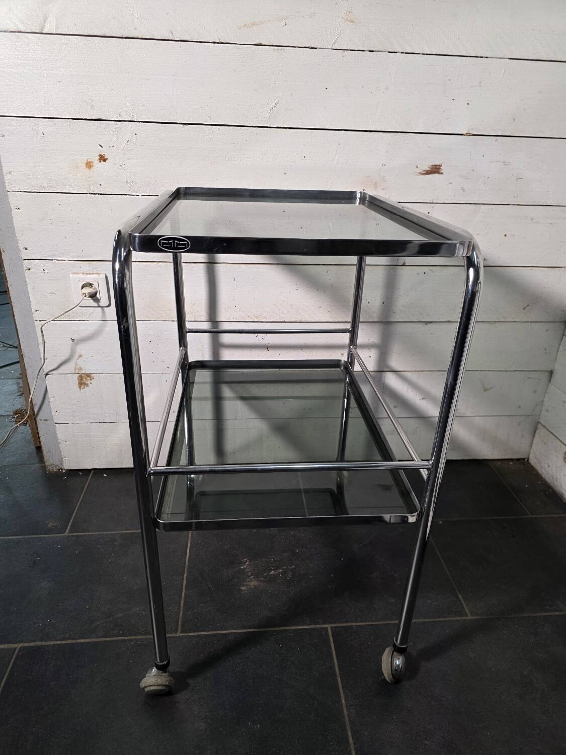 Vintage chrome metal dessert trolley with smoked glass from the 1970s.