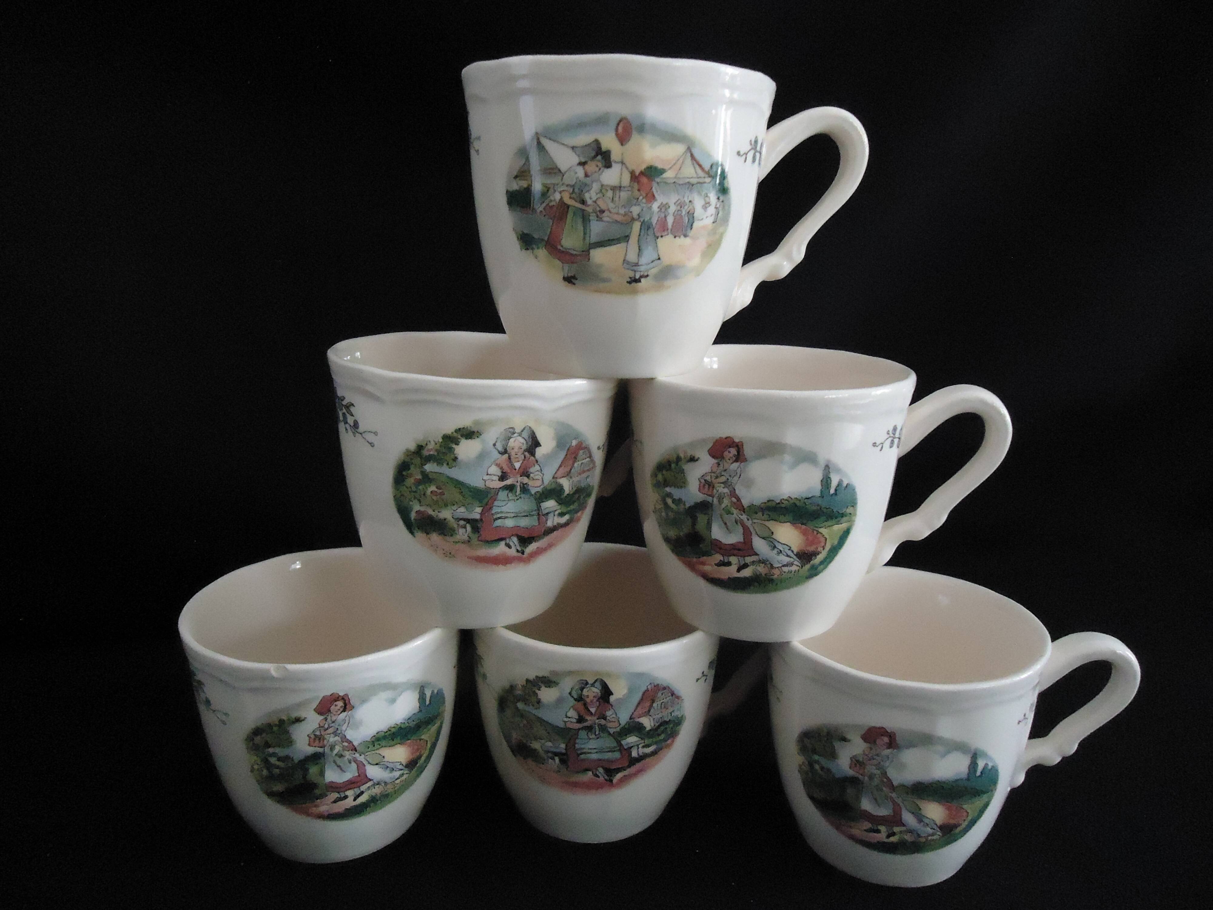 Six sarreguemines cups and saucers, obernai model