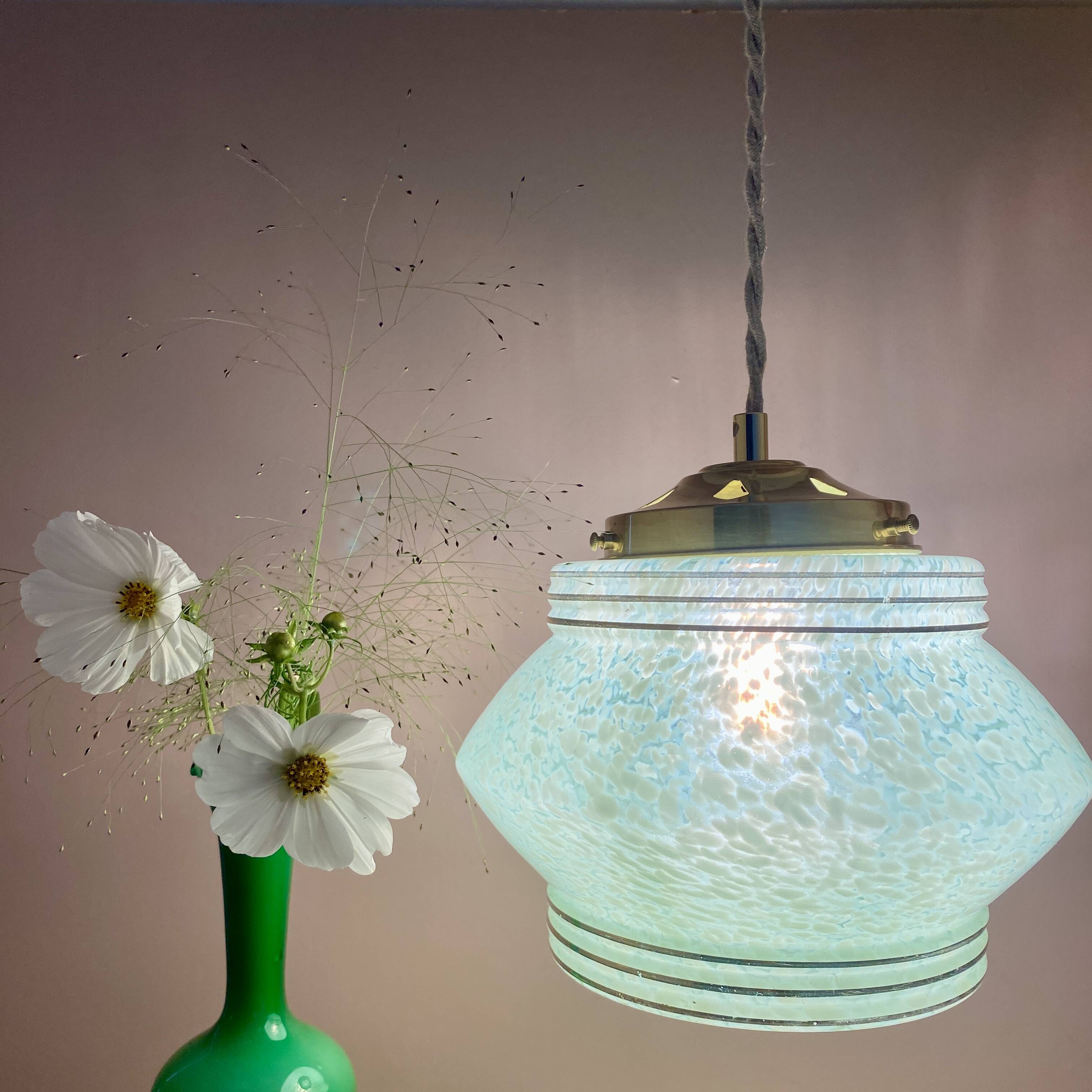 Art Deco globe pendant light in mint green and gold Clichy glass