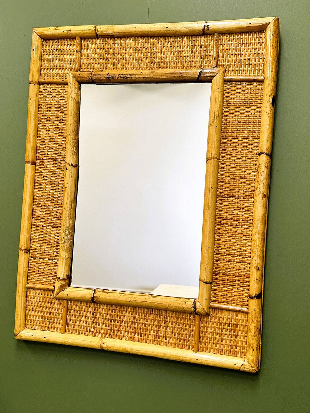Vintage mid-century bamboo and rattan mirror by Dal Vera, Italy 1970s.