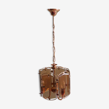 Chandelier with 6 panels in cut glass smoked in a gilded frame, Belgium 1960-1970