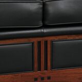 Art Deco  black leather 2.5-seater design sofa with beautiful woodwork