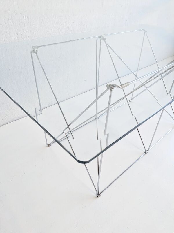 Table à manger pliante en acier et verre par Max Sauze des années 1970
