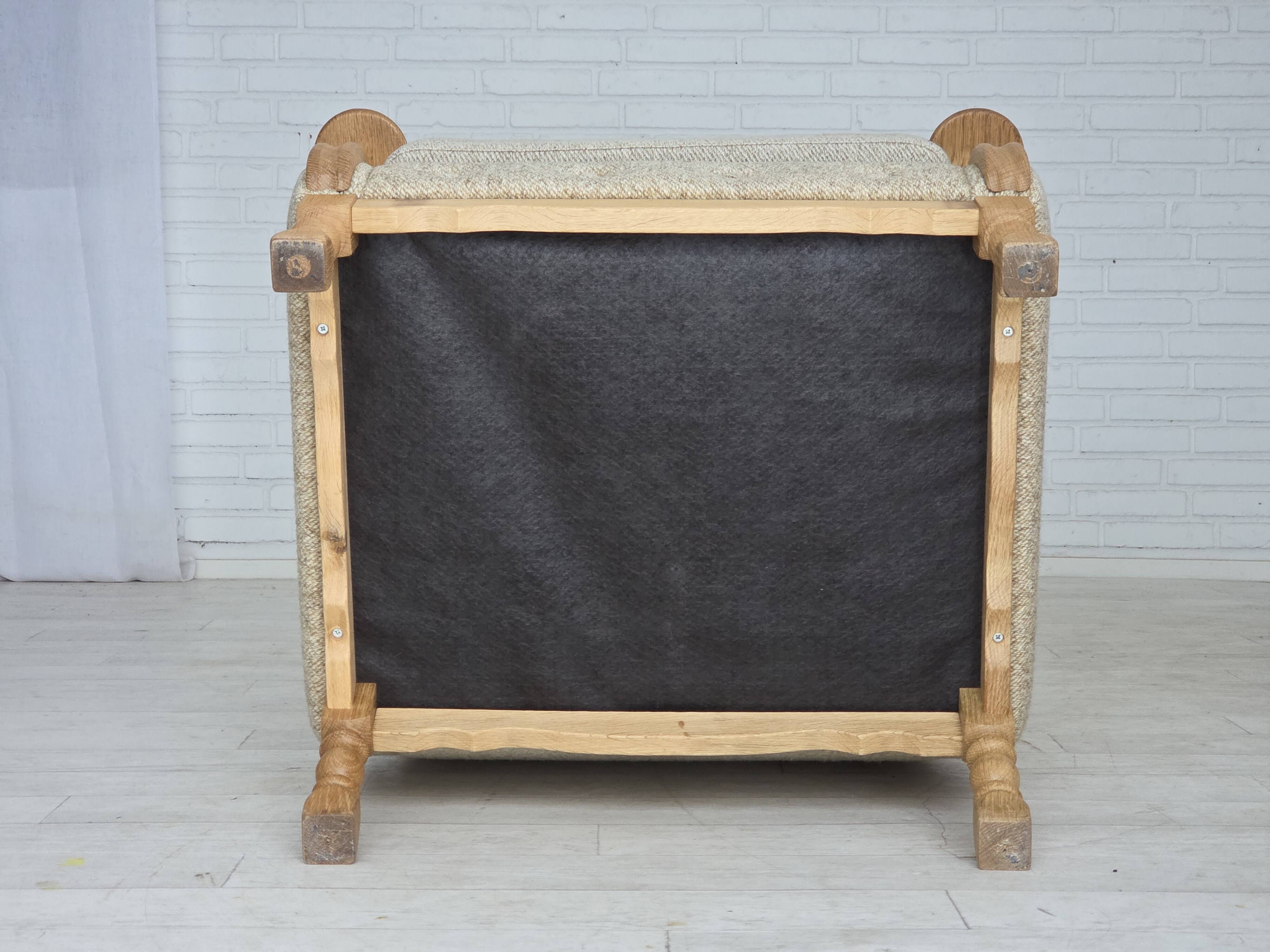 1970s, Danish highback armchair, furniture wool, solid oak wood.