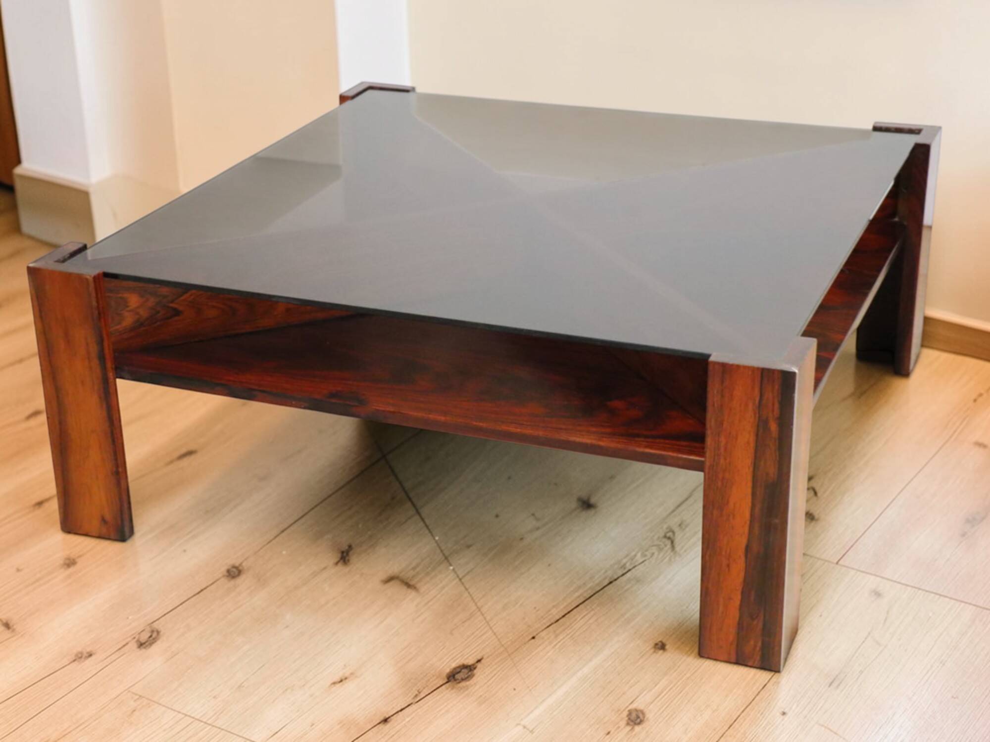 Scandinavian coffee table Mobelintarsia – Rosewood & smoked glass – 1960s