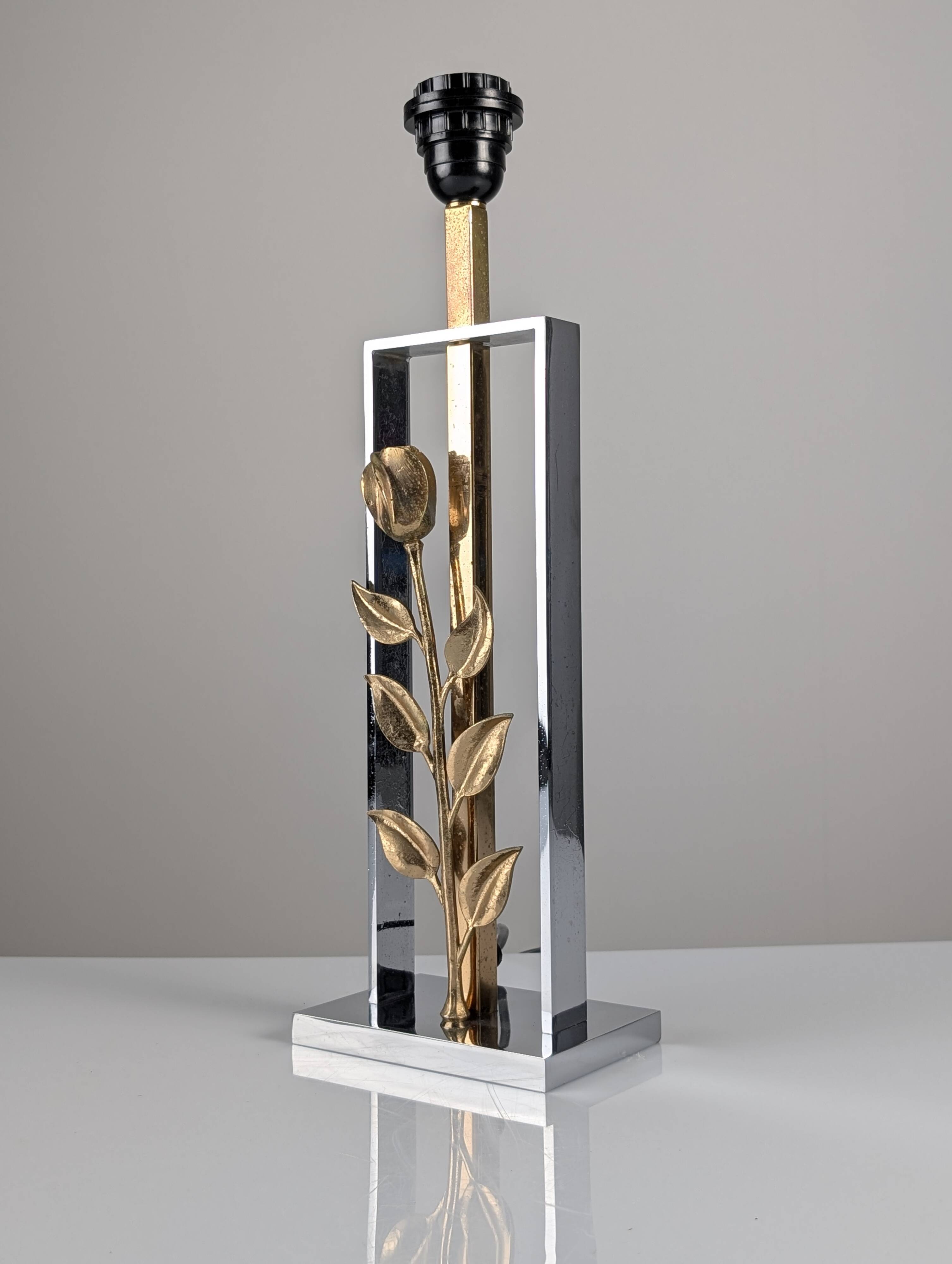 Maison Charles table lamp in chrome and gilt bronze with rose, France, 1970s