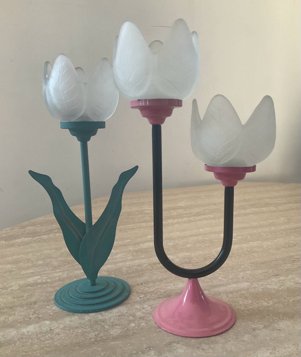Duo of vintage metal and glass candlesticks