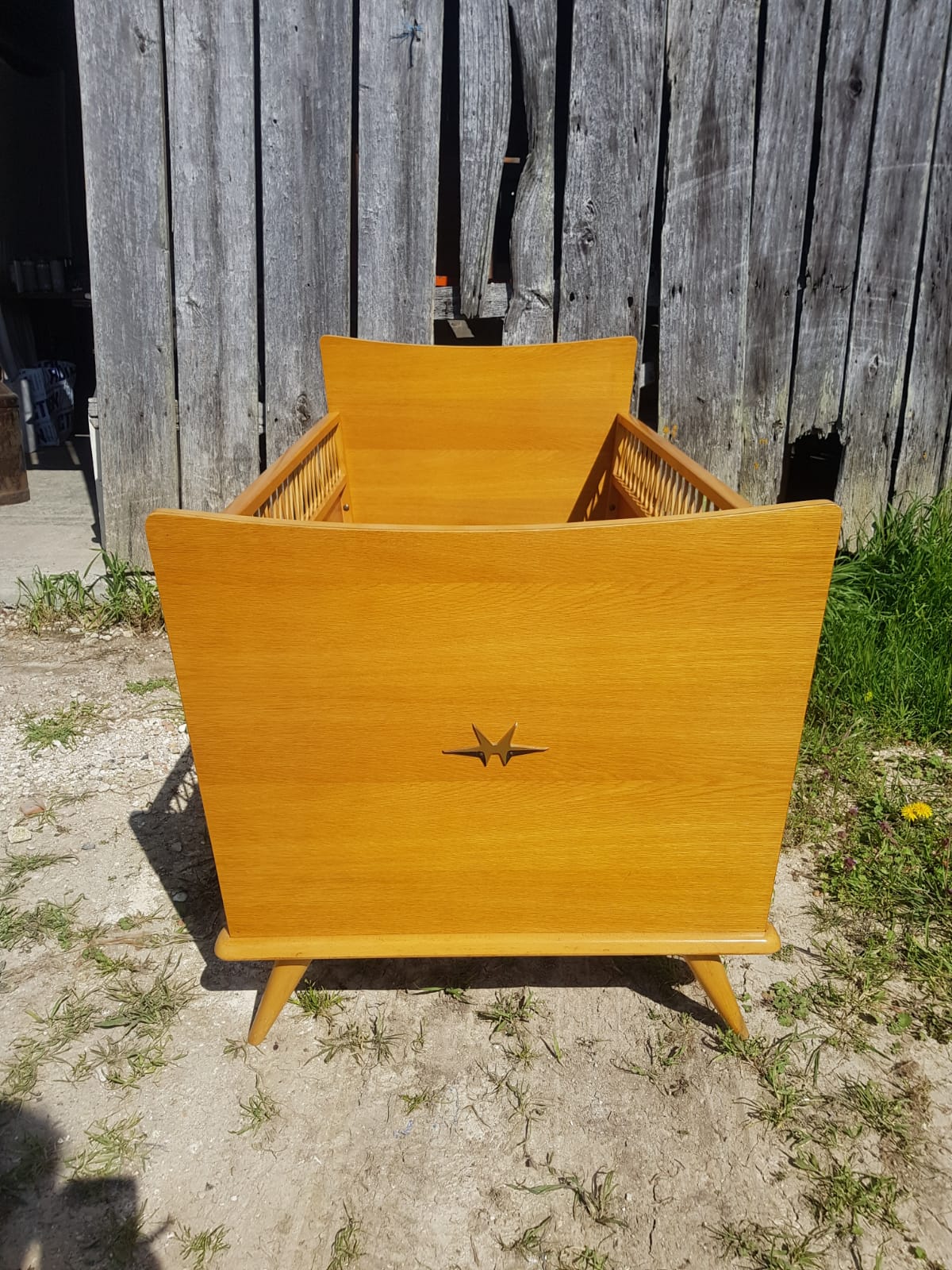 Scandinavian children's bed, wooden compass feet with vintage curved rattan