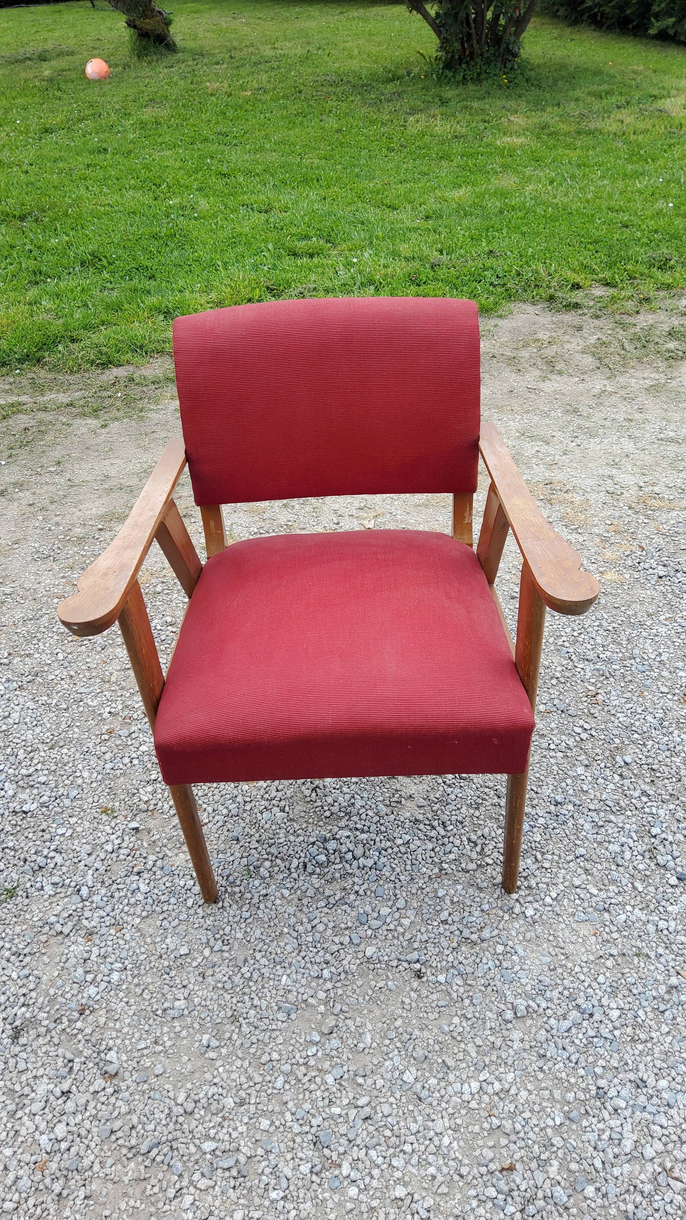 Armchair of the 50s in blond oak and red fabrics compass feet