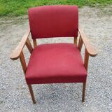Armchair of the 50s in blond oak and red fabrics compass feet