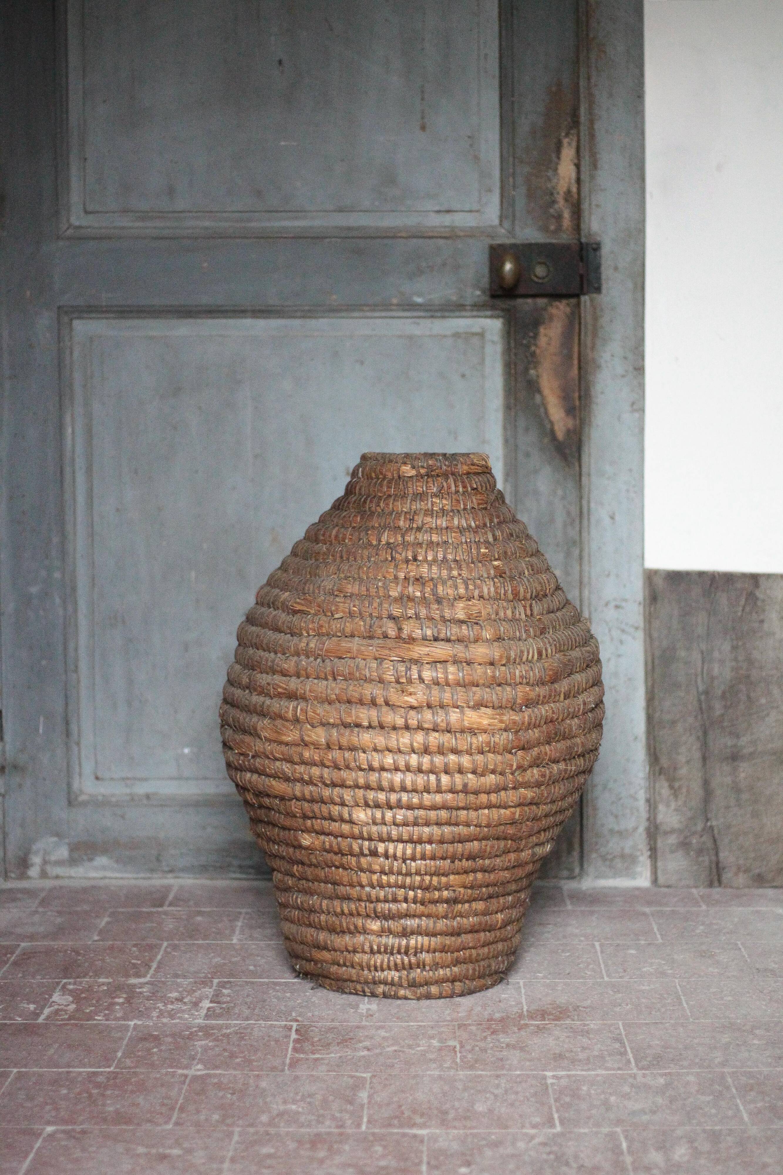 Old basket, straw and bramble, woven basket, interior decoration