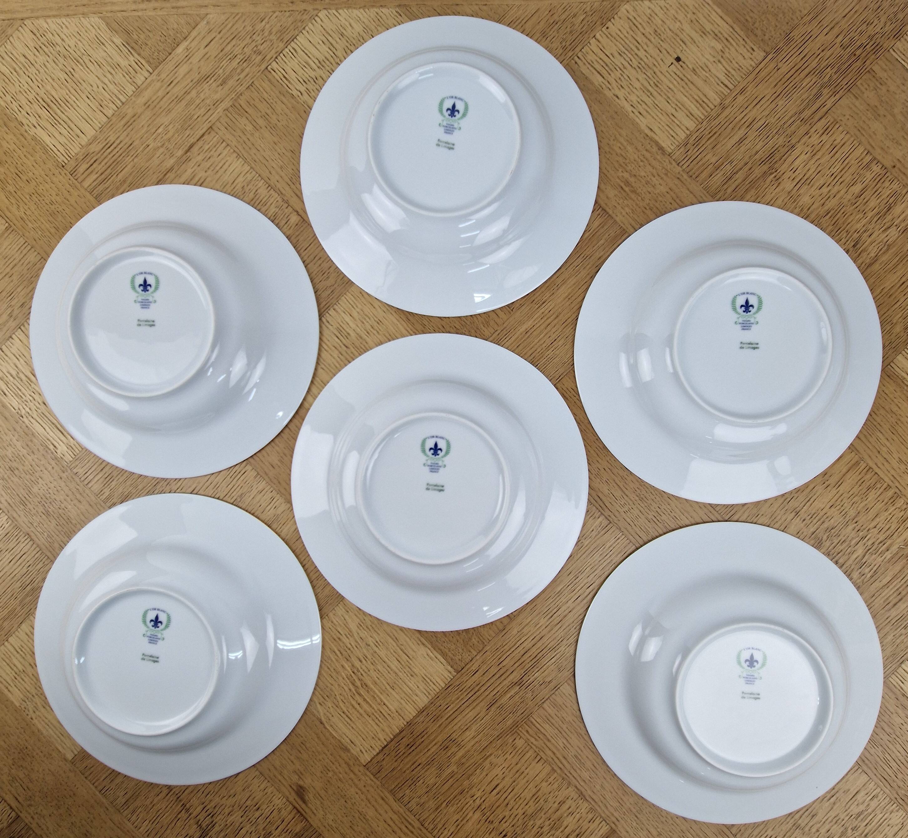 6 deep plates made of Limoges porcelain with a paradise bird design.