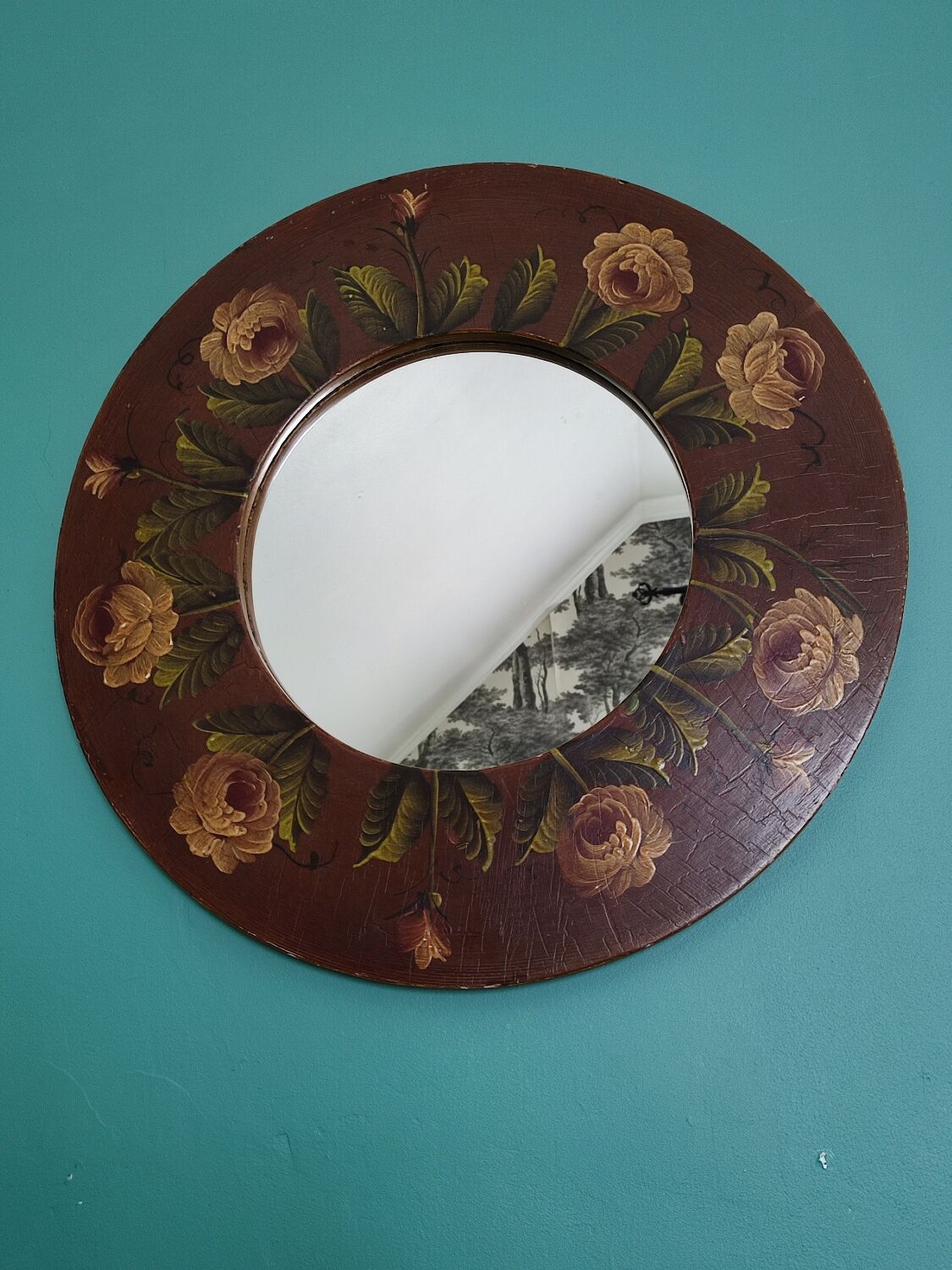 Vintage hand painted wooden round wall mirror