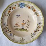 Soup plates with Moustiers de Longchamp decor, AL. Mark signature, 80s