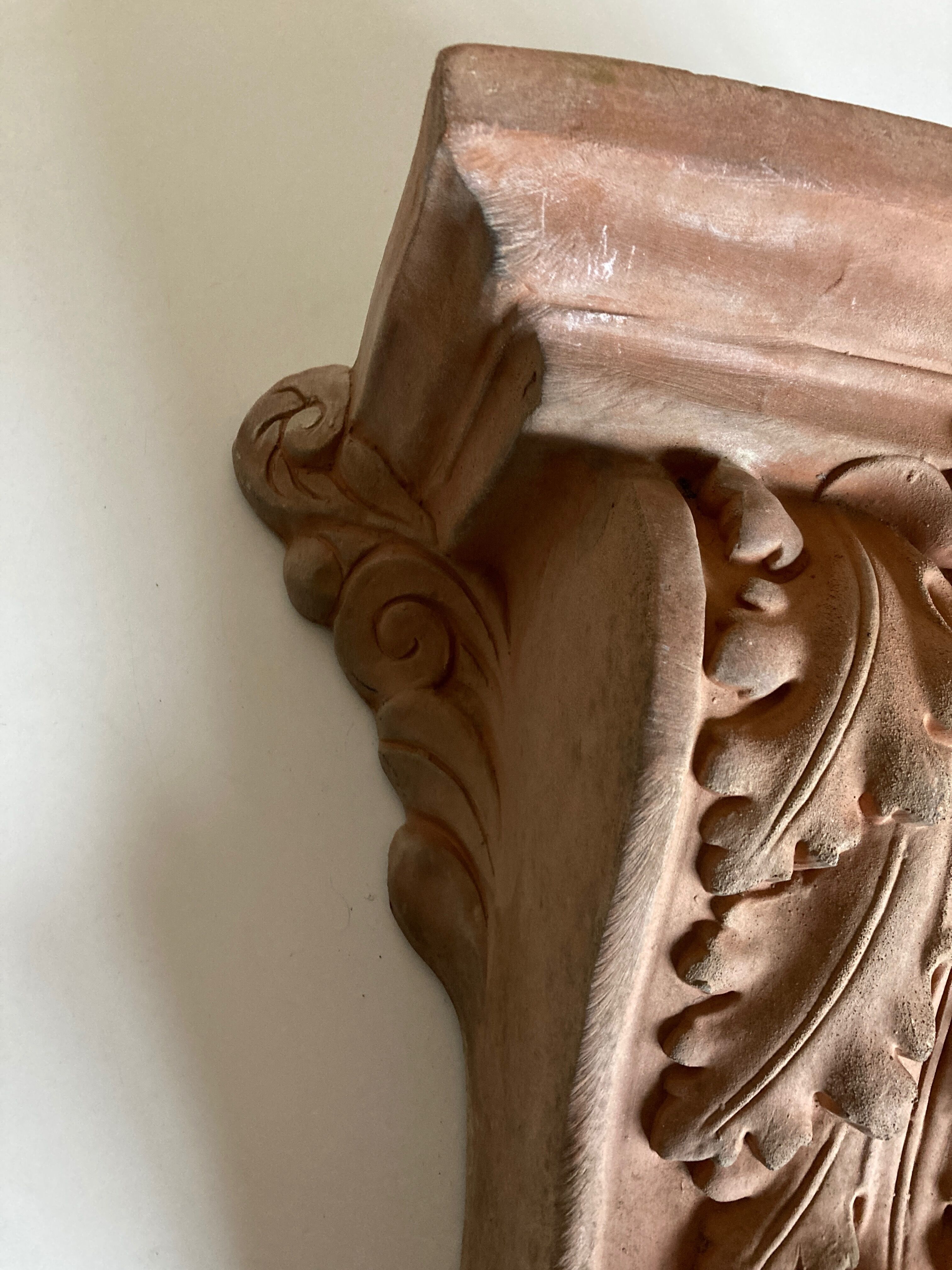 Neo classical console terracotta shelf acanthus leaves