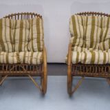 Franco Albini style, pair of rattan and bamboo rocking chairs. Italy 1950s