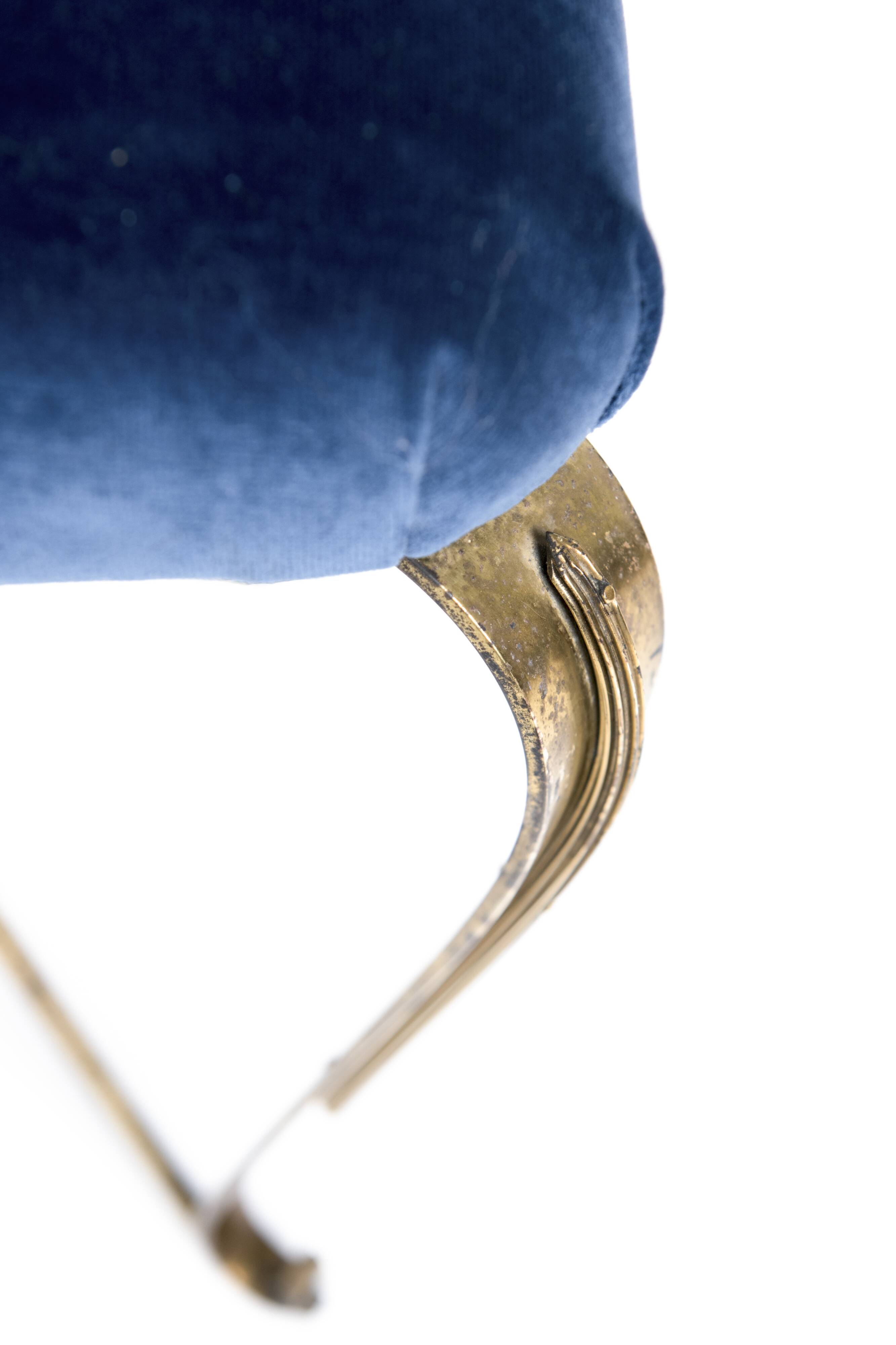 Pair of vintage brass and blue velvet feet rest