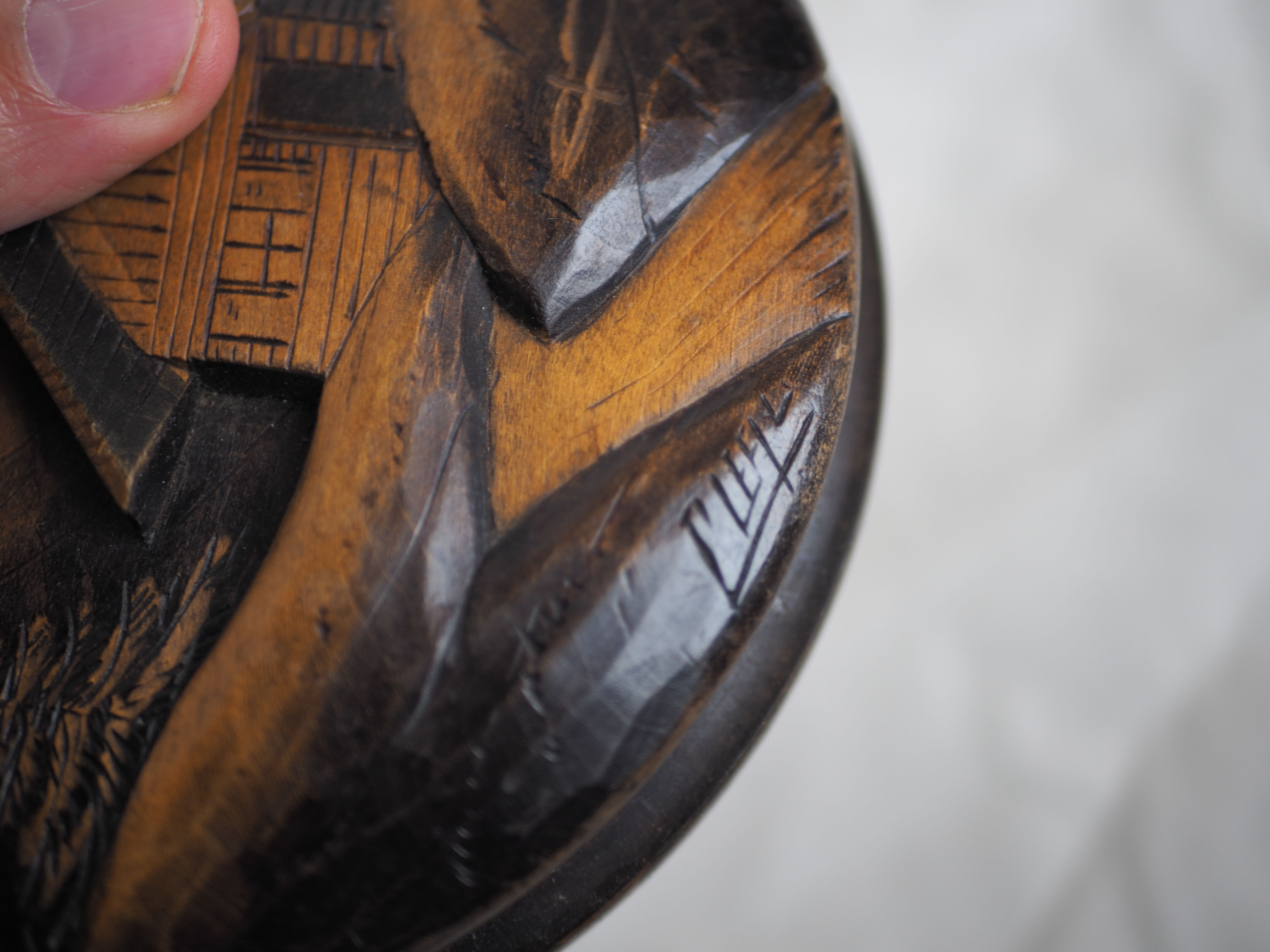 Large blackened wooden box mountain landscape folk art early / mid twentieth