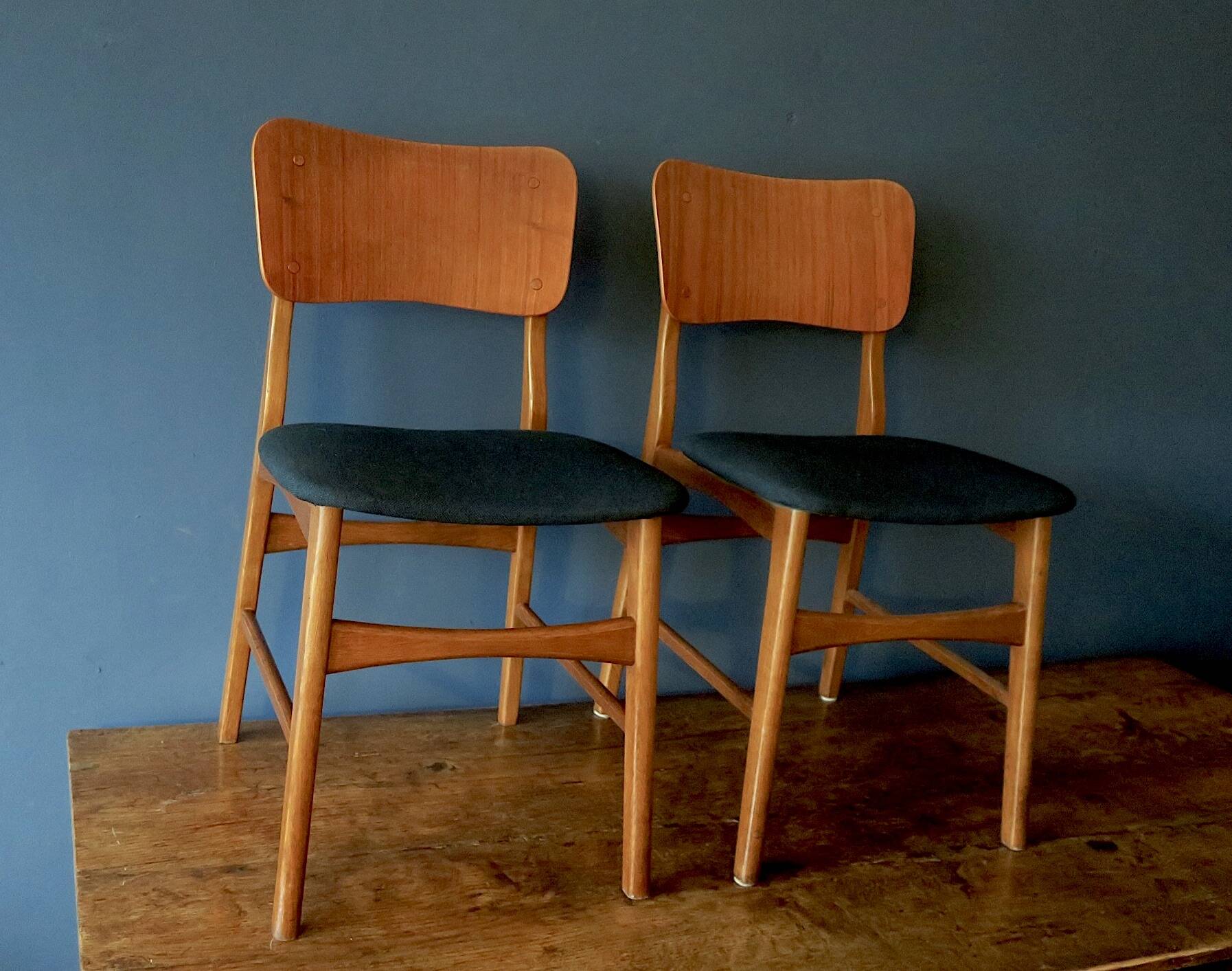 Pair of Danish teak chairs in petrol blue-green, 1960s