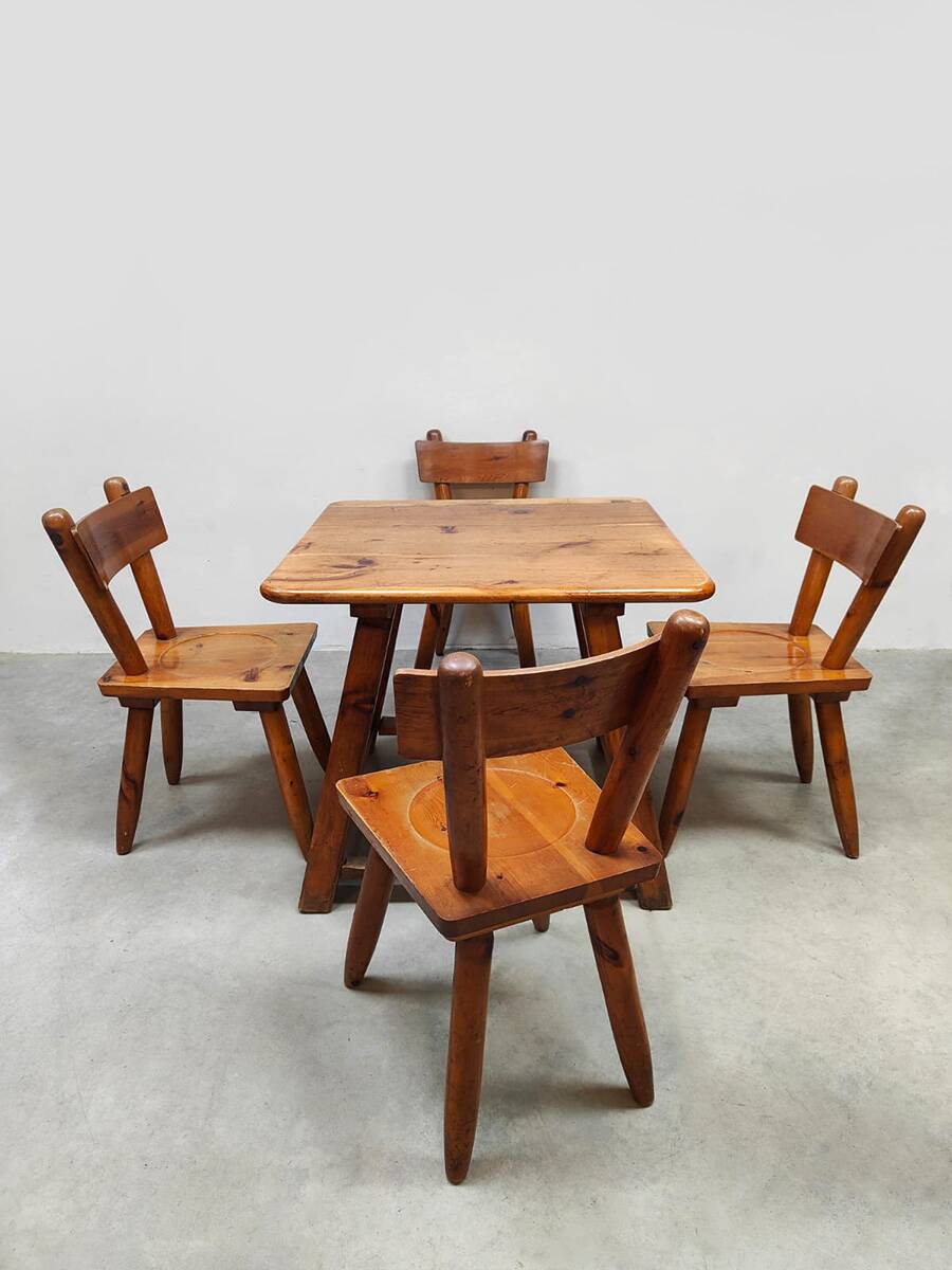 Vintage brutalist wooden dining set chairs & table 1970