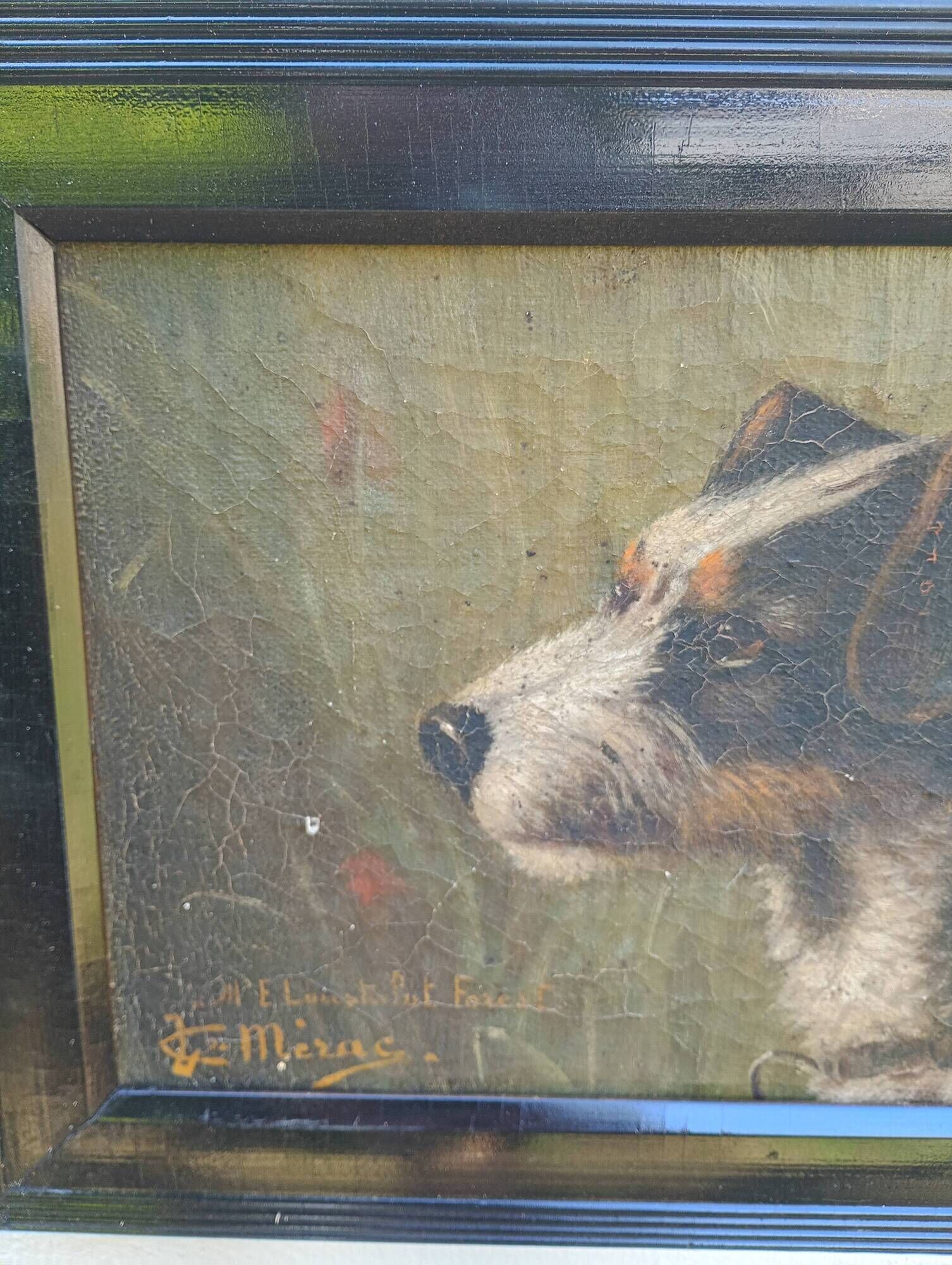Ancient oil on canvas portrait of a Fox Terrier dog signed – Painting an