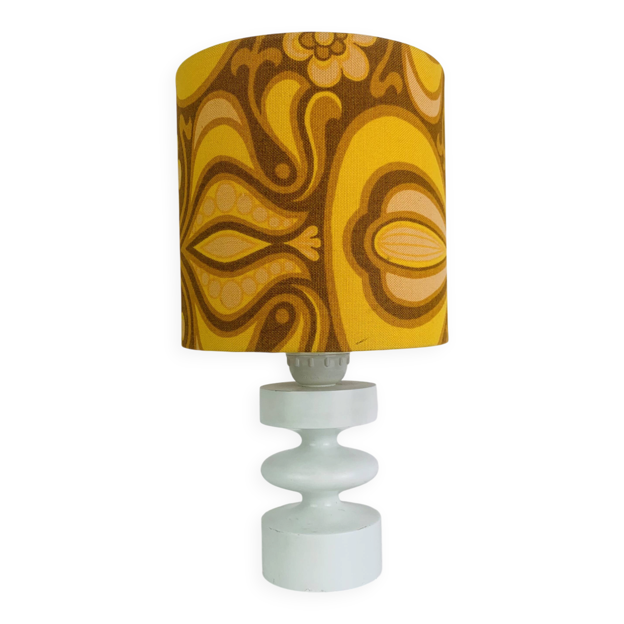 Temde lamp with turned wood and a seventies lampshade.