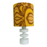 Temde lamp with turned wood and a seventies lampshade.