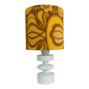 Temde lamp with turned wood and a seventies lampshade.