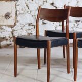 4 Scandinavian Fristho Franeker chairs in teak and faux leather, 1960.