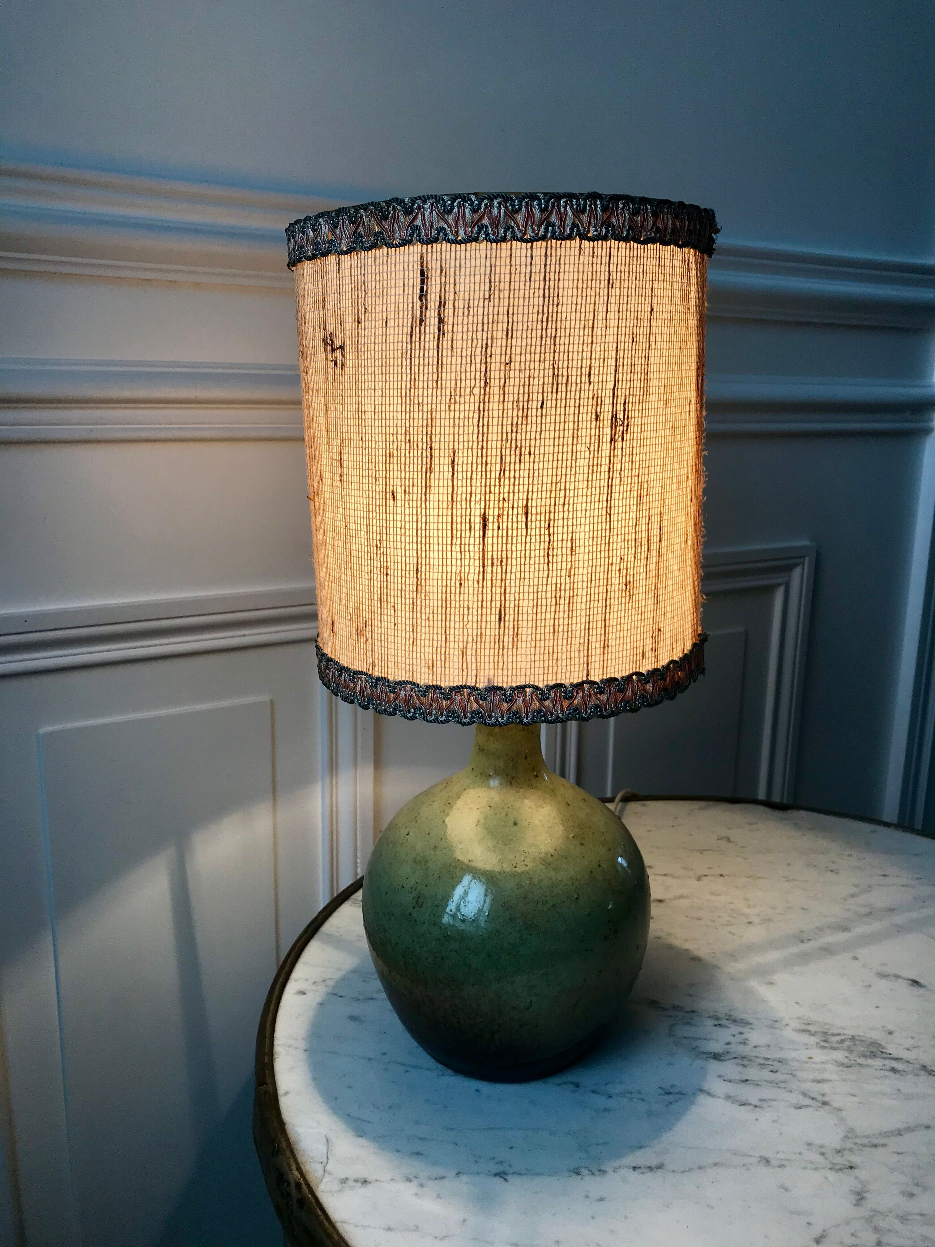 Signed stoneware lamp with woven lampshade 60s-70s