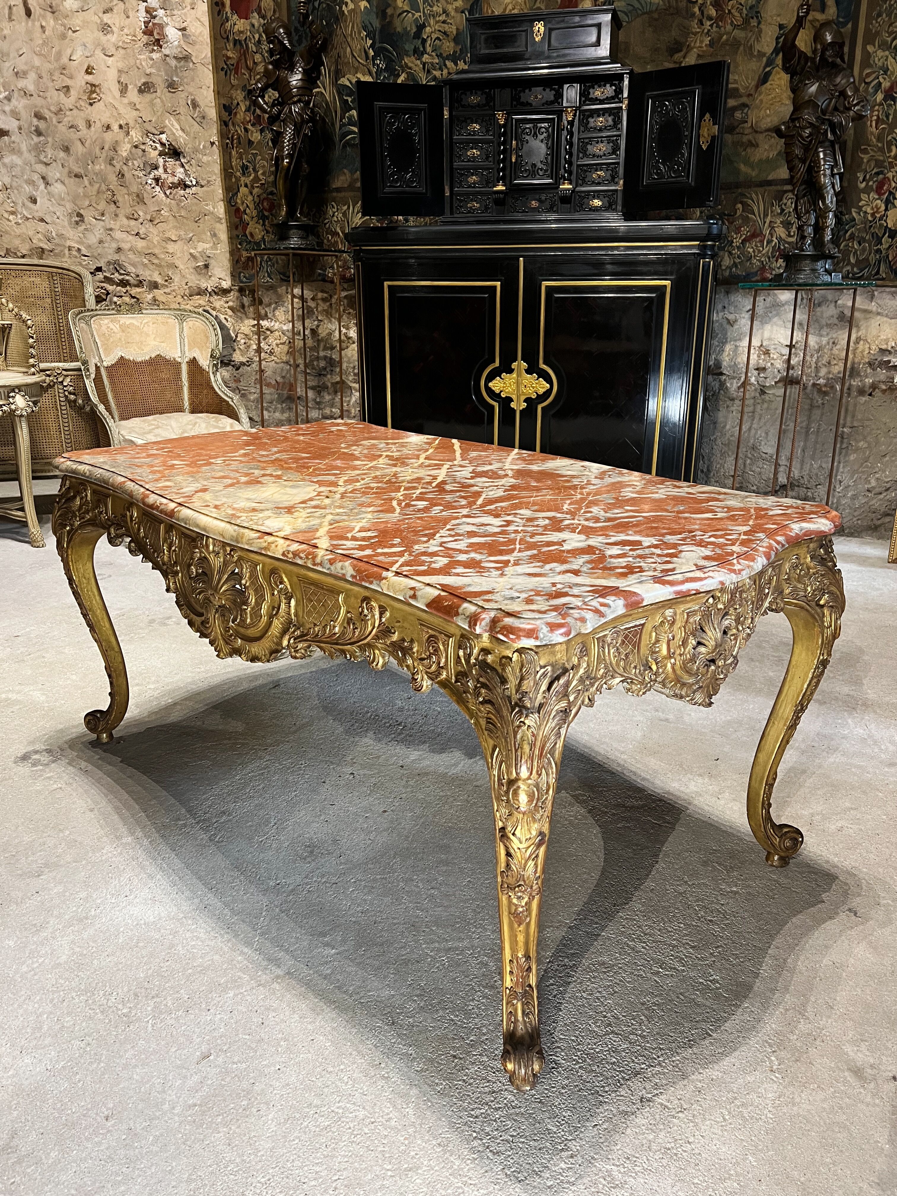 Middle table in gilded wood from the napoleon iii period red marble top