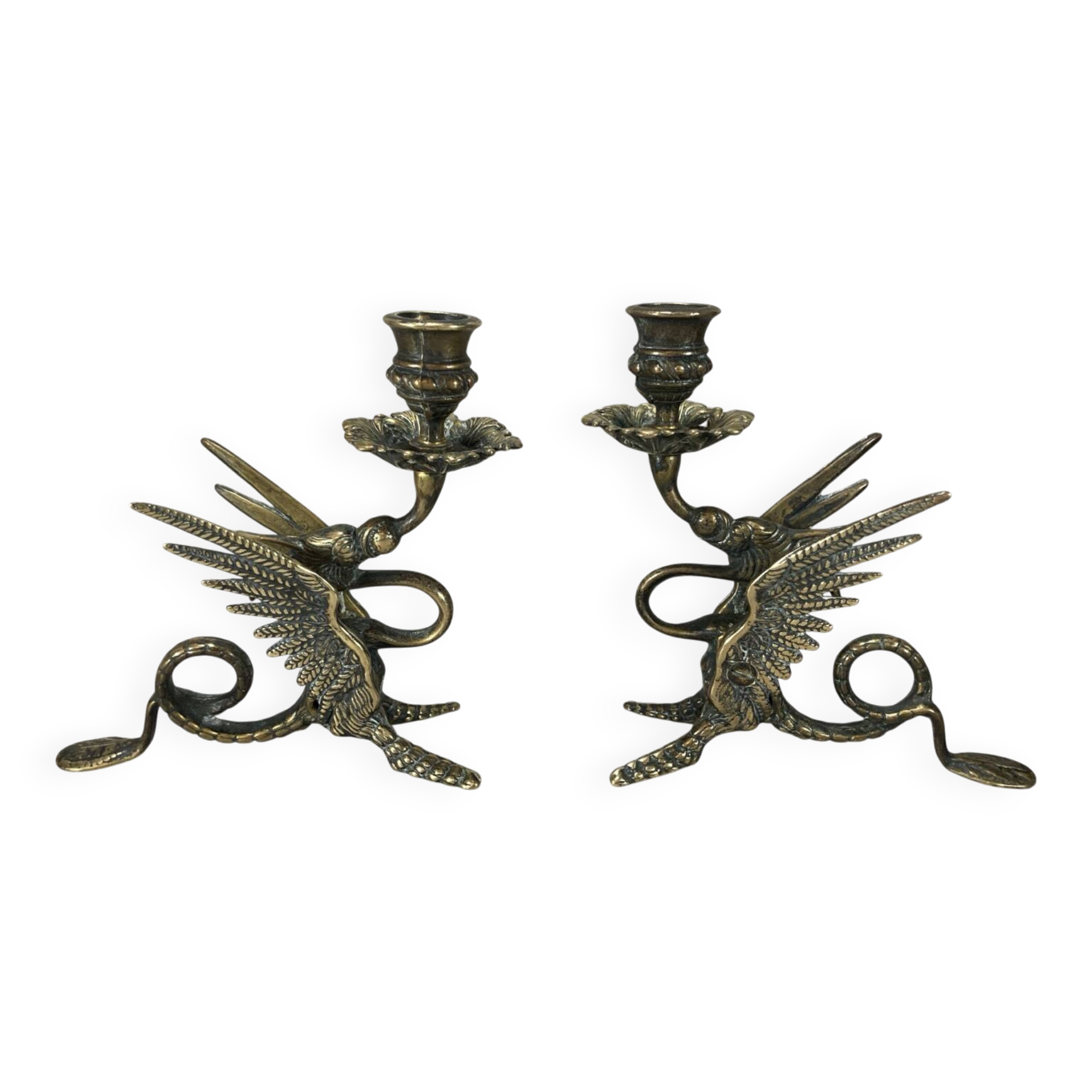 Pair of candlesticks. Chimera Dragon. Gilded brass. Fantastic bestiary